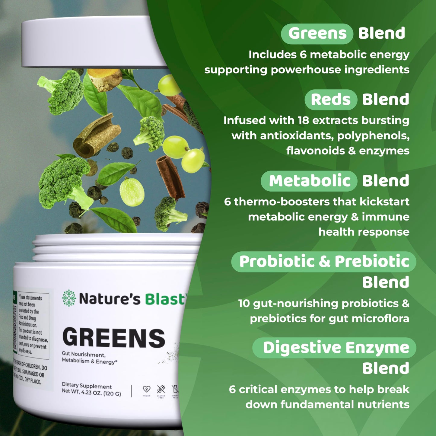 NATURES BLAST Greens Superfood Powder - 46 Superfoods, Probiotics & Enzymes for Gut Health, Metabolism & Energy - Vegan Green Powder Blend, 1 Bottle - 30 Servings