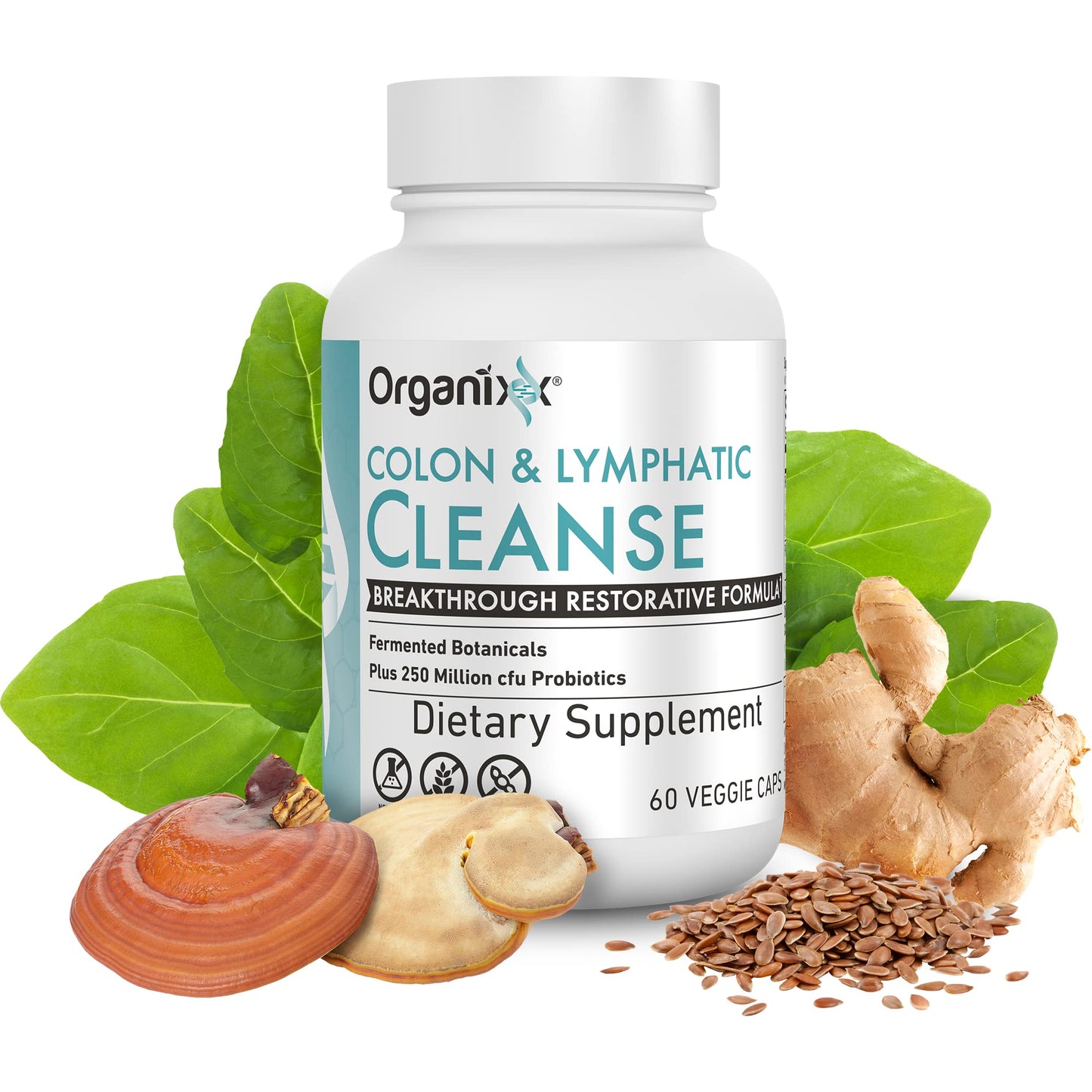 Organixx Lymphatic & Colon Cleanse Supplement, 250 Million CFU Probiotics for Gut Health, Digestive & Lymphatic Support, Gluten Free, Non GMO, 60 Vegetarian Capsules