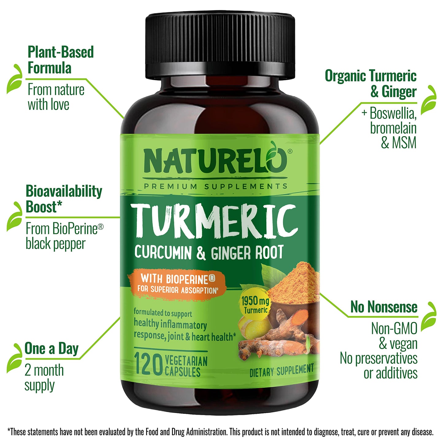 NATURELO Turmeric Curcumin - BioPerine for Better Absorption - Black Pepper, Ginger Root, Curcuminoids - Plant-Based Joint Discomfort Support - 120 Vegan Capsules