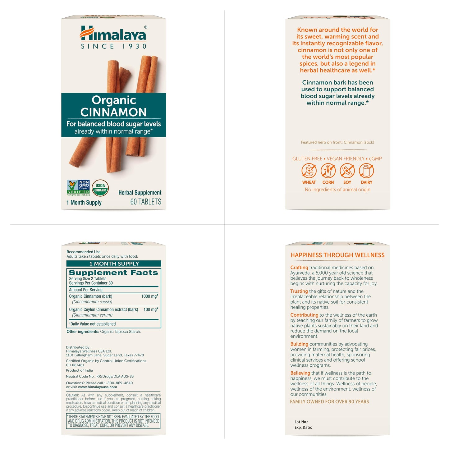 Himalaya Organic Cinnamon, for Glycemic Support, 1100 mg Daily, 60 Tablets, from Cassia Cinnamon Bark and Ceylon Cinnamon Extract, Non-GMO Project Verified, Vegan, Gluten Free Herbal Supplement