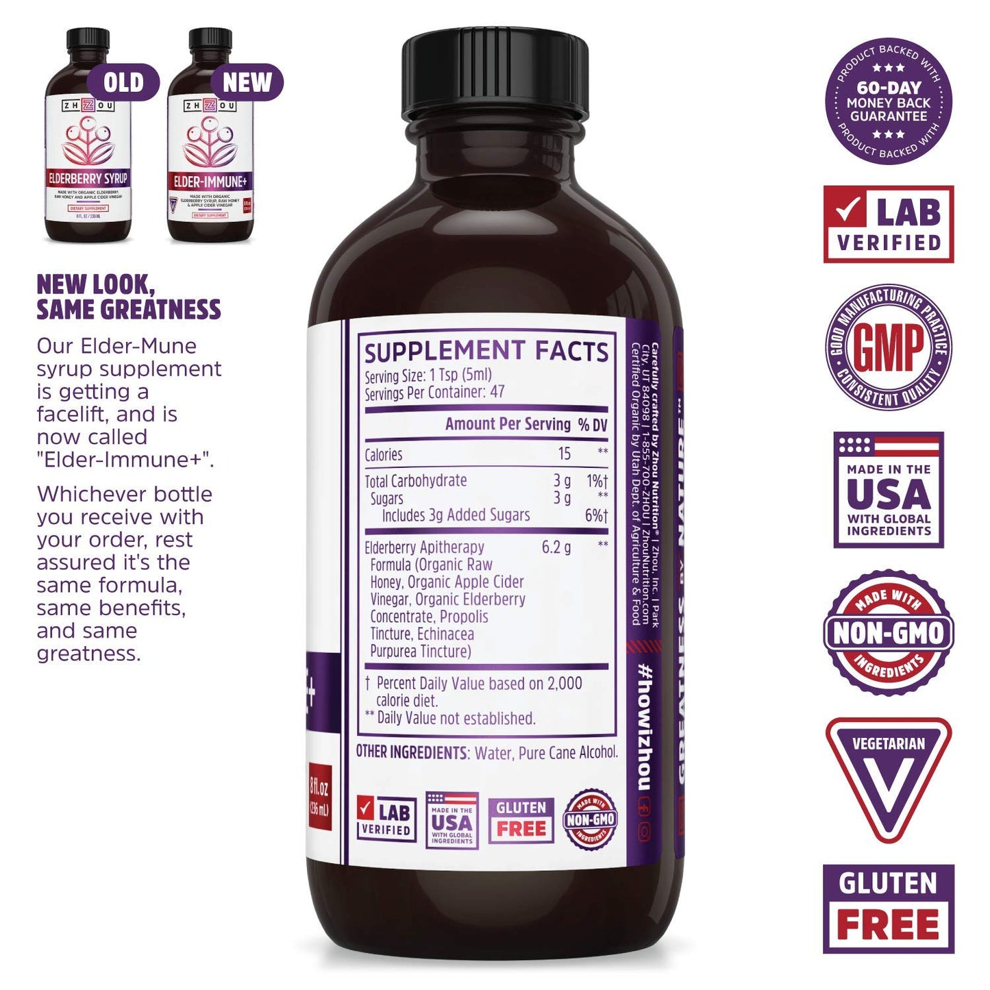 Zhou Nutrition Elder-Mune+ Syrup - Organic Black Elderbery Syrup for Adults, Immune Support Elixir with Apple Cider Vinegar, Echinacea Tincture, Natural Wellness - 8 Fl Oz Glass Bottle