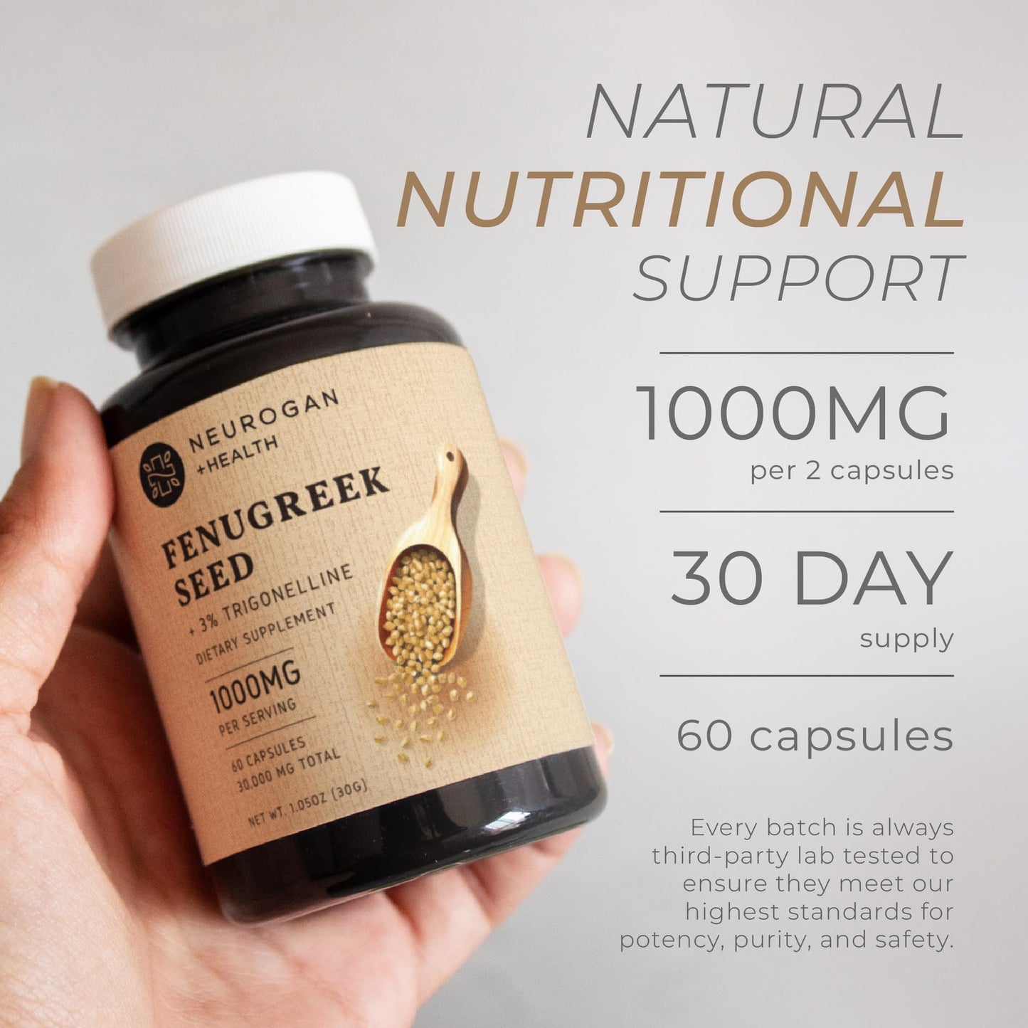 Neurogan Fenugreek Capsules - 1000 MG Per Serving, 60 Ct - Fenugreek Seed + 3% Trigonelline Capsules - Digestive Comfort & Wellness Seeds Extract Supplements for Men & Women