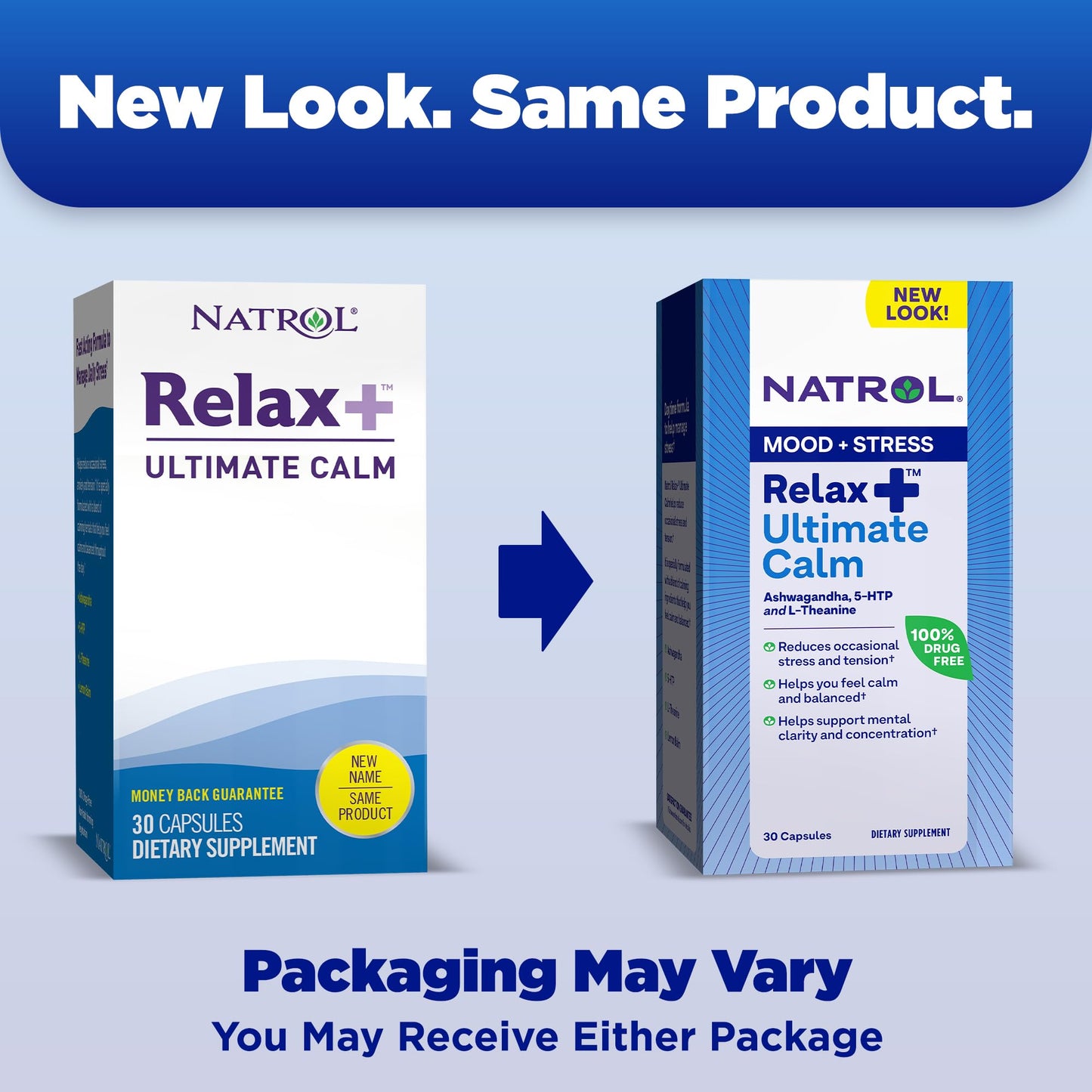 Natrol Relax+ Ultimate Calm with Ashwagandha, 5-HTP, L-Theanine and Lemon Balm, Drug-Free Dietary Supplement Helps Reduce Occasional Stress & Tension, 30 Capsules, 30 Day Supply