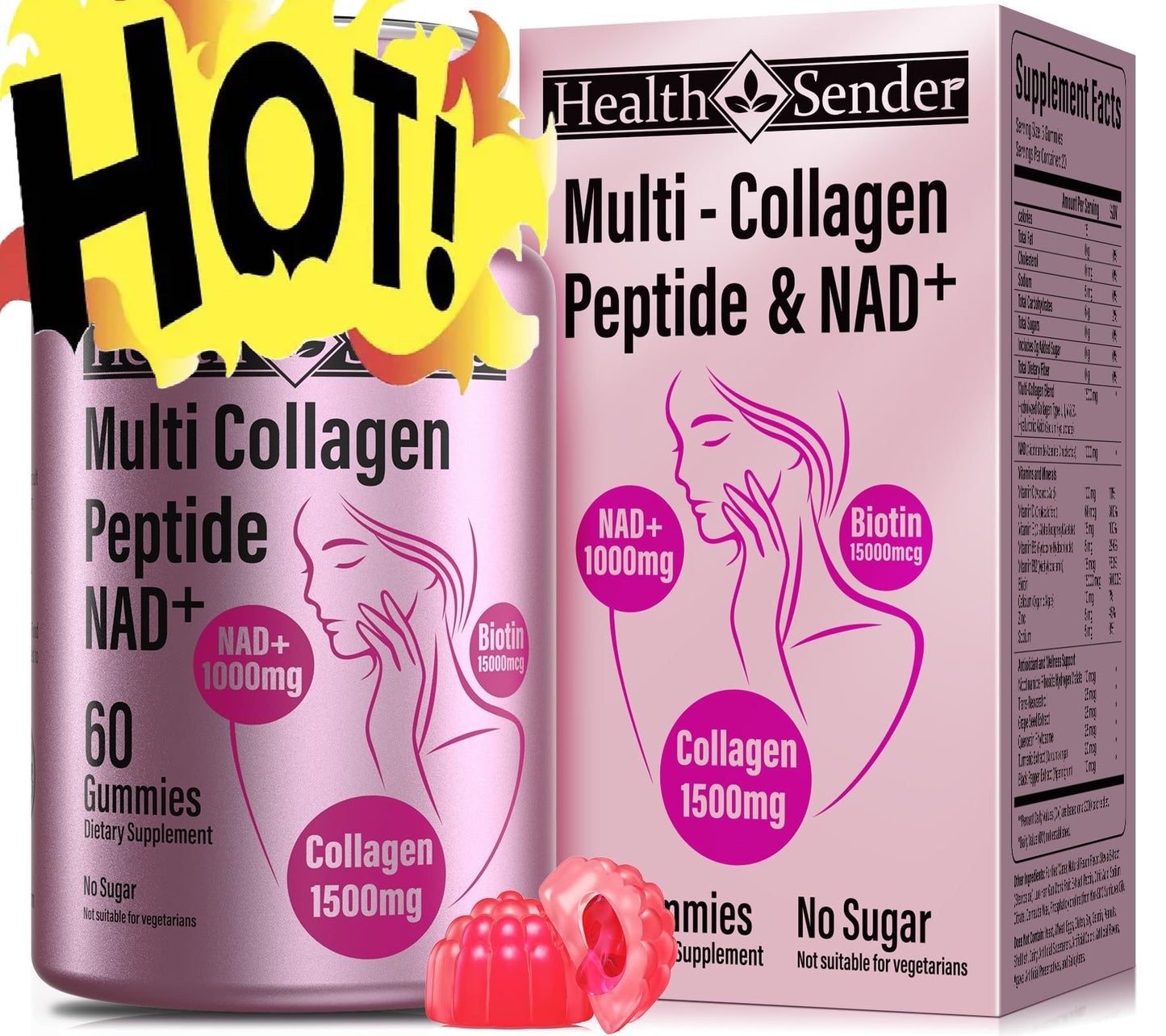 HealthSender Hydrolyzed Collagen Peptide Filled Gummies, 1500mg Protein Type I,II,III,V,X,1000mg NAD 15000mcg Biotin Supplement for Sugar-Free Man&Woman,AI-Fomular HCL for Skin,Hair,Nails