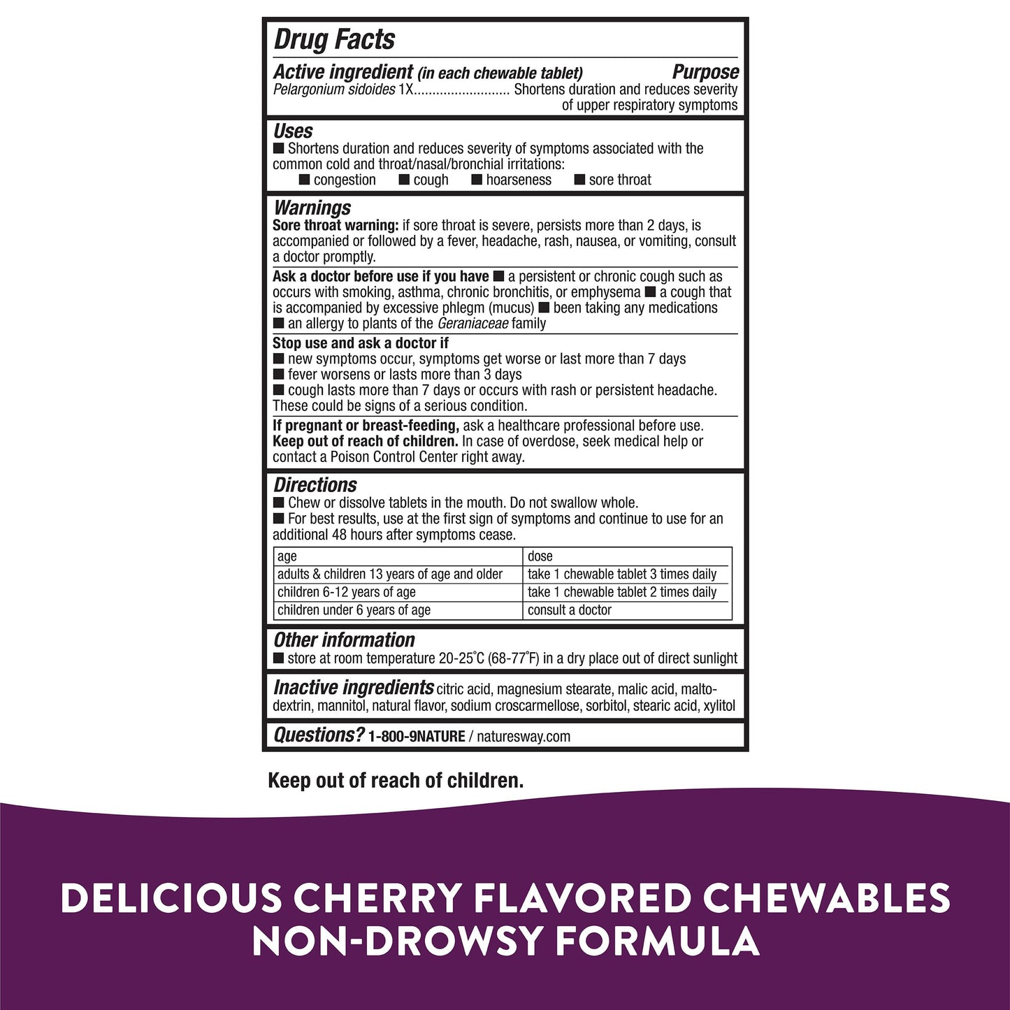 Nature's Way Cold Relief for Kids 6+, Umcka, Shortens Duration & Reduces Severity, Multi-Symptom Cold Relief, Homeopathic, Phenylephrine Free, Cherry Flavored, 10 Chewable Tablets