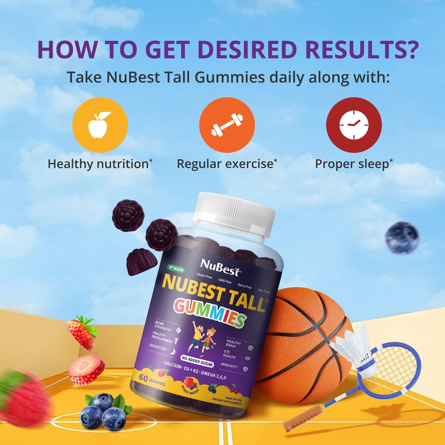 NuBest Tall Gummies for Kids Age 2+ & Teens | Bone Strength, Immunity, Digestive Health with Calcium, Vitamin D3, K2, B Complex, Magnesium, Zinc | 20+ Vitamins Berries Gummies, No Added Sugar