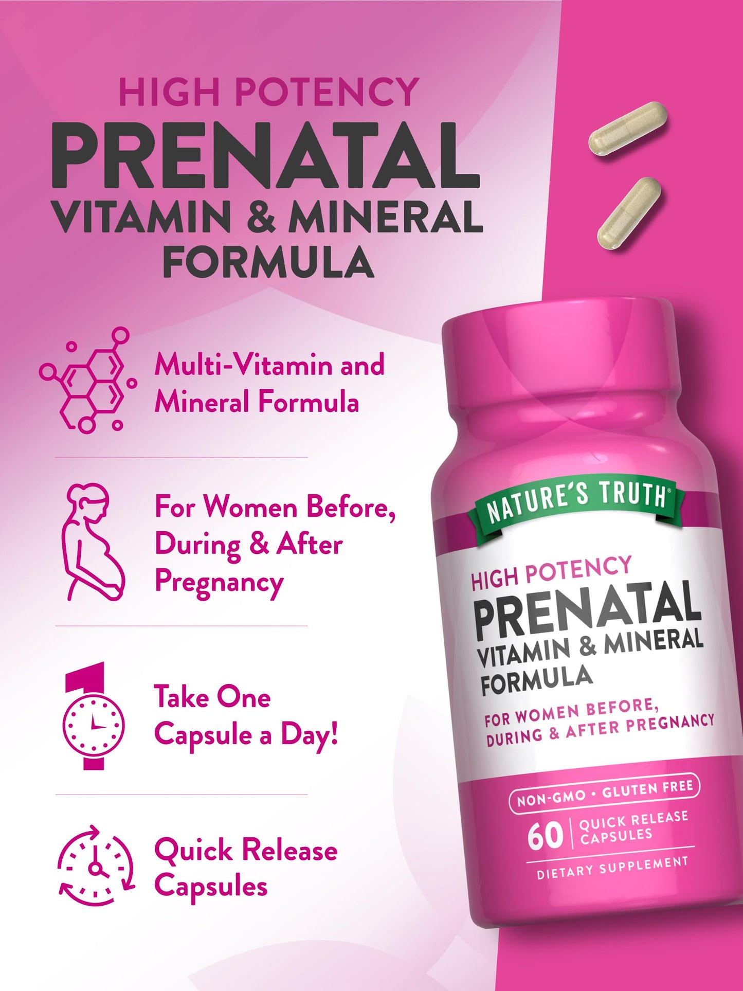 Nature's Truth Prenatal Vitamins With Folic Acid | 60 Capsules | Non-GMO & Gluten Free Supplement