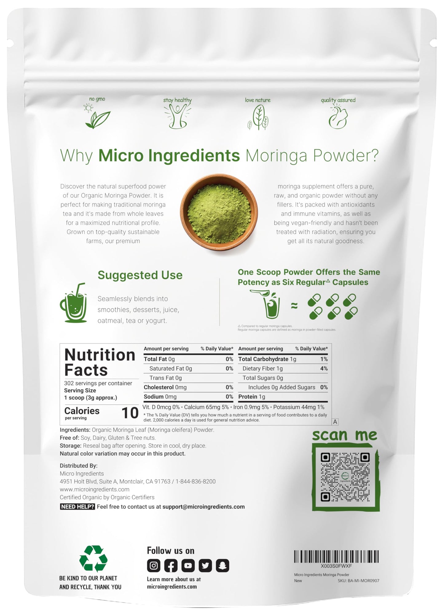 Organic Moringa Oleifera Leaf Powder, 2 Pounds, Rich in Antioxidants and Immune Vitamin, Great Superfoods for Moringa Tea, Moringa Drink, India Grown, Vegan