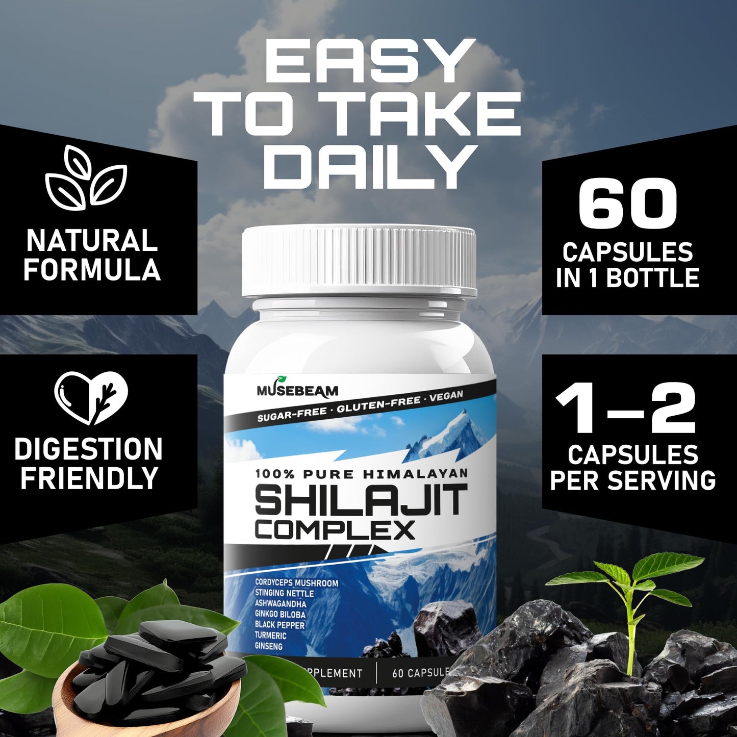musebeam Himalayan Shilajit Capsules Men Women - Pure Himalayan Fulvic Acid Supplement Pills - Ashwagandha Turmeric Ginkgo Biloba Ginseng Cordyceps Mushroom Stinging Nettle Black Pepper