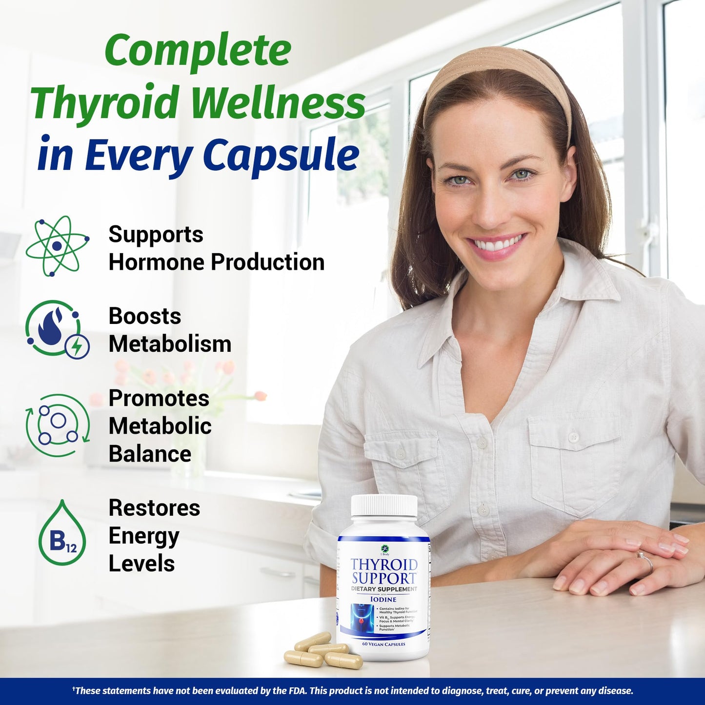 1 Body Thyroid Support Supplement with Iodine, B12, Zinc, Selenium, Ashwagandha, Non-GMO, Vegetarian, 30 Day Supply