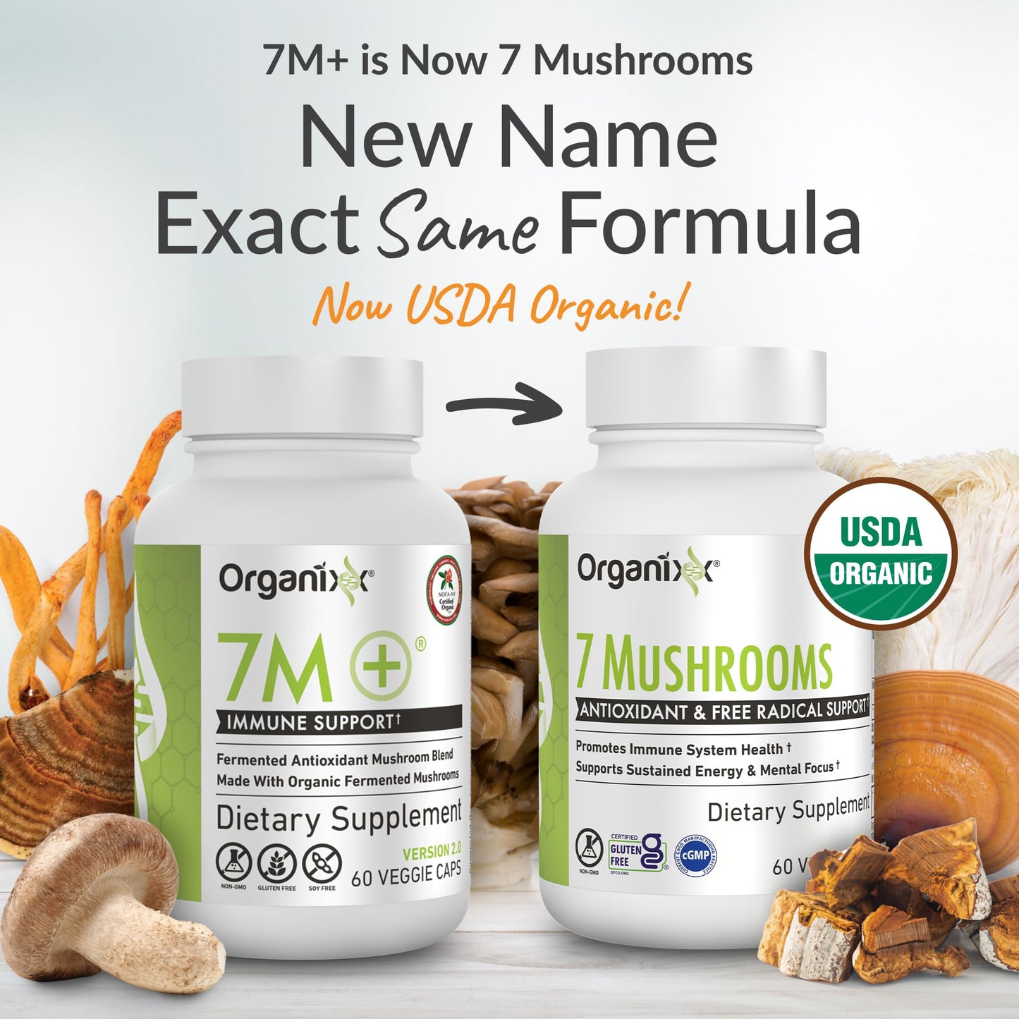 Organixx USDA Organic Mushroom Supplement, 7 Fermented Mushrooms – Lions Mane, Shiitake, Cordyceps, Turkey Tail, Reishi – for Immune & Digestion Support, 60 Vegetarian Capsules