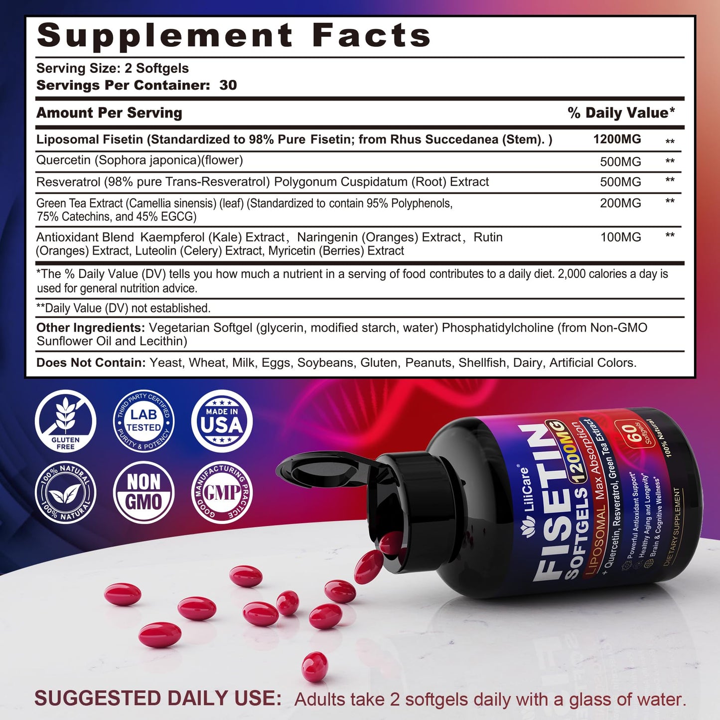 LILICARE Fisetin Supplement - Liposomal Super Absorption 98% Pure 1200mg with Quercetin, Resveratrol, Green Tea Extract for Healthy Aging & Longevity, Skin Health, Brain & Antioxidant - 60 Softgels