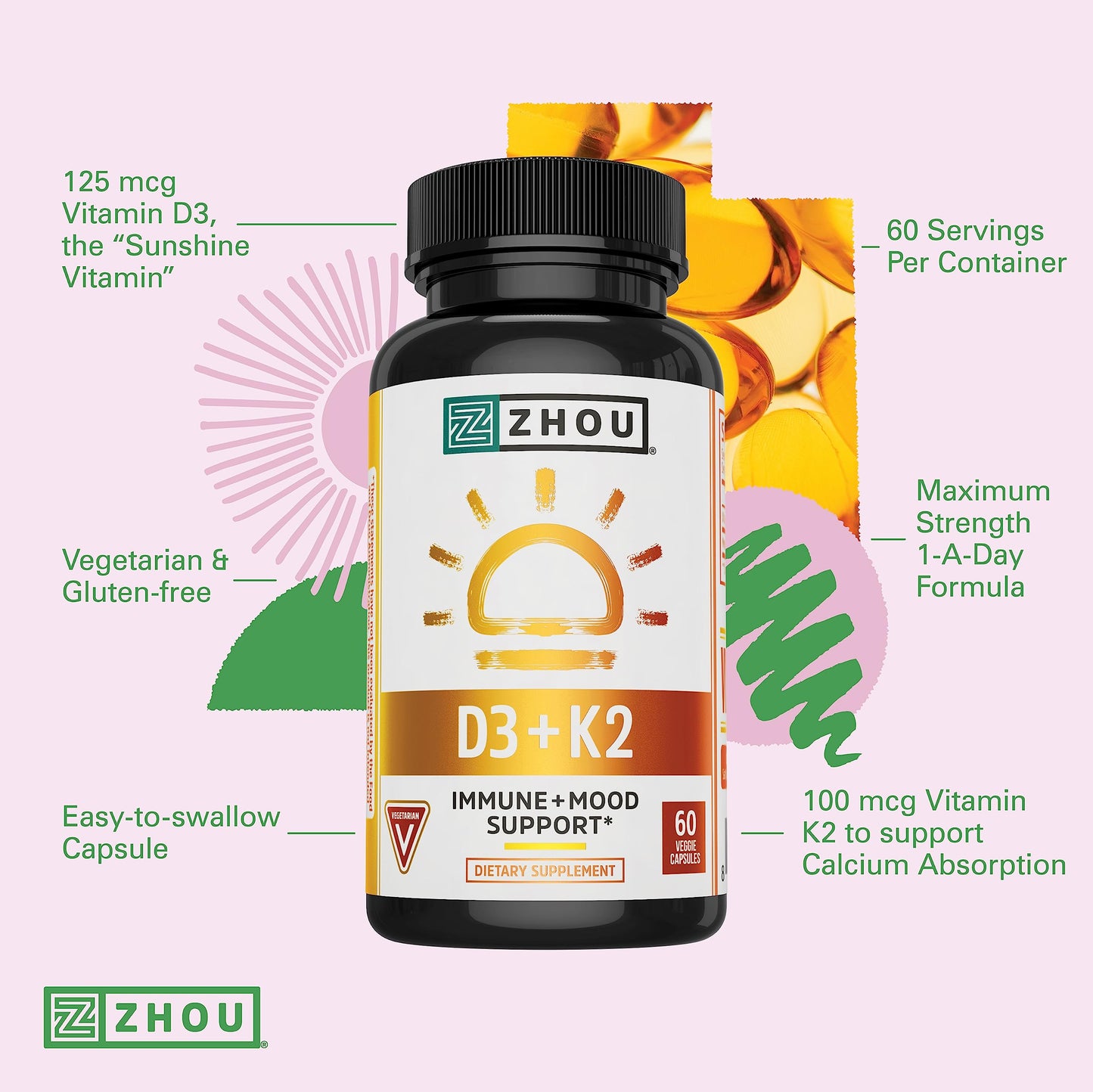 Zhou D3+K2 - Vitamin D3 K2 Supplement for Women & Men, Immune Support Vit D3 and K2 Supplements, Pure Vegetarian Formula with 5000 IU of D3 and MK-7 - 60 Veggie Capsules (Pack of 1)