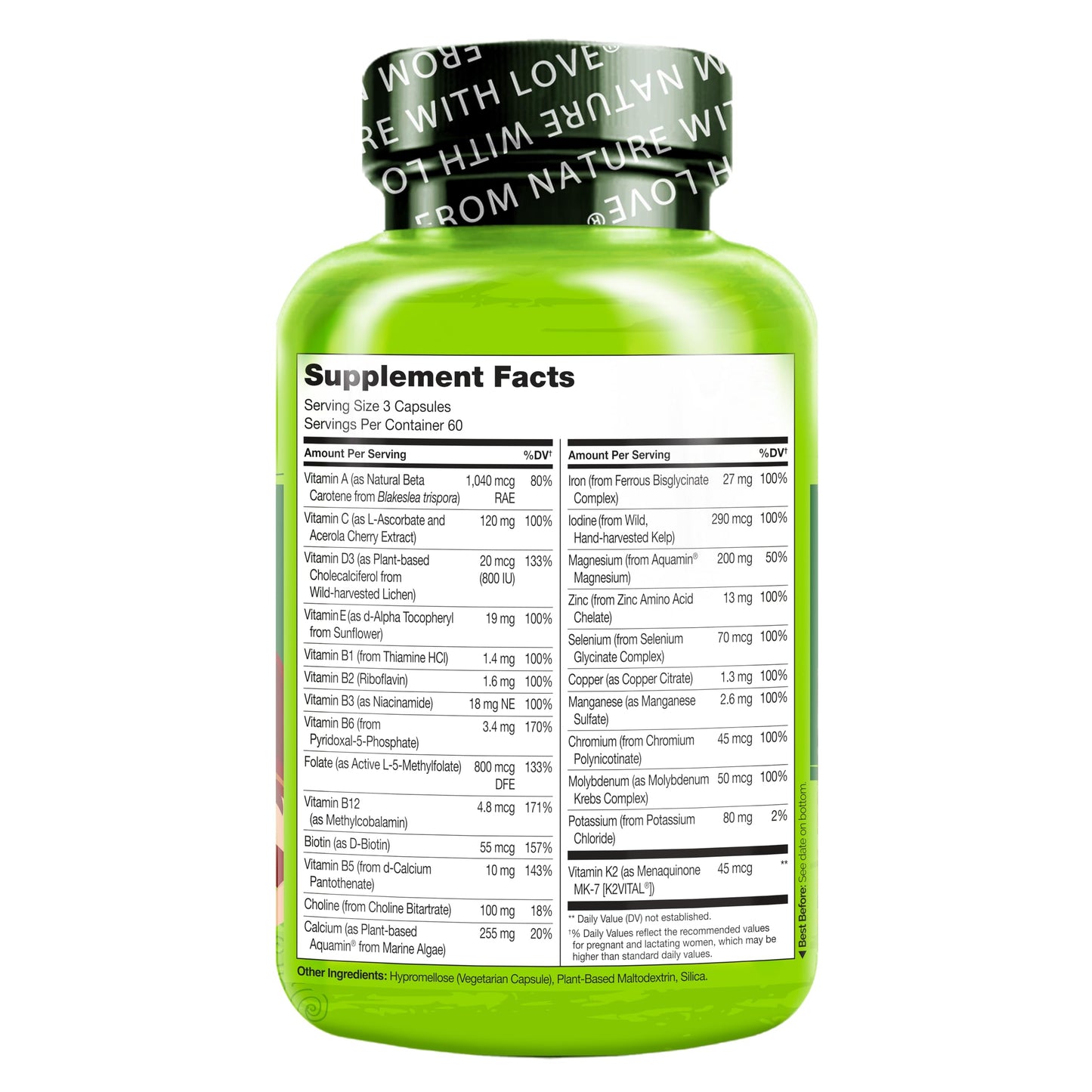 NATURELO Prenatal Multivitamin with Gentle Chelated Iron, Methyl Folate, Plant Calcium & Choline - Vegan, Vegetarian - Non-GMO - Gluten Free - 180 Capsules - 2 Month Supply