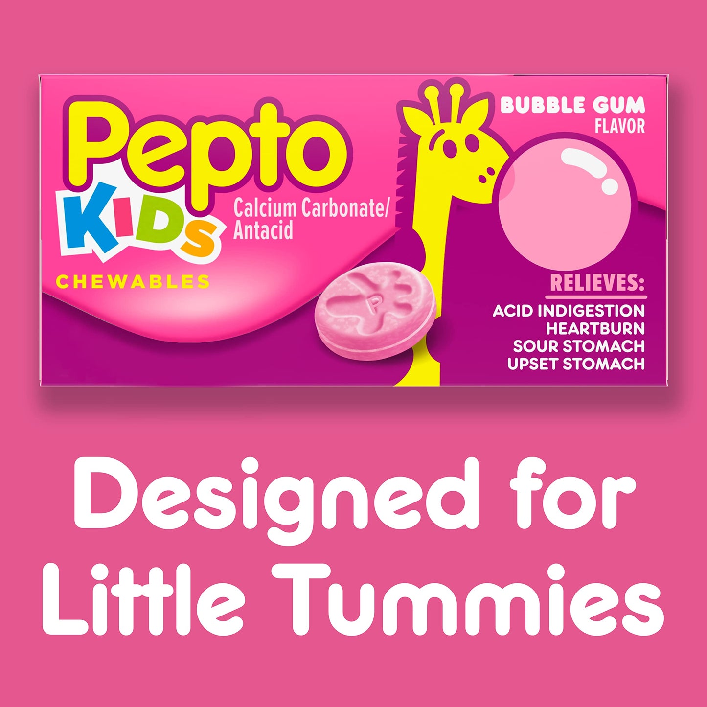 Pepto Kid's Chewable Tablets for Heartburn, Acid Indigestion, Sour Stomach, and Upset Stomach, Bubblegum Flavor, 72 Total (3 Packs of 24)