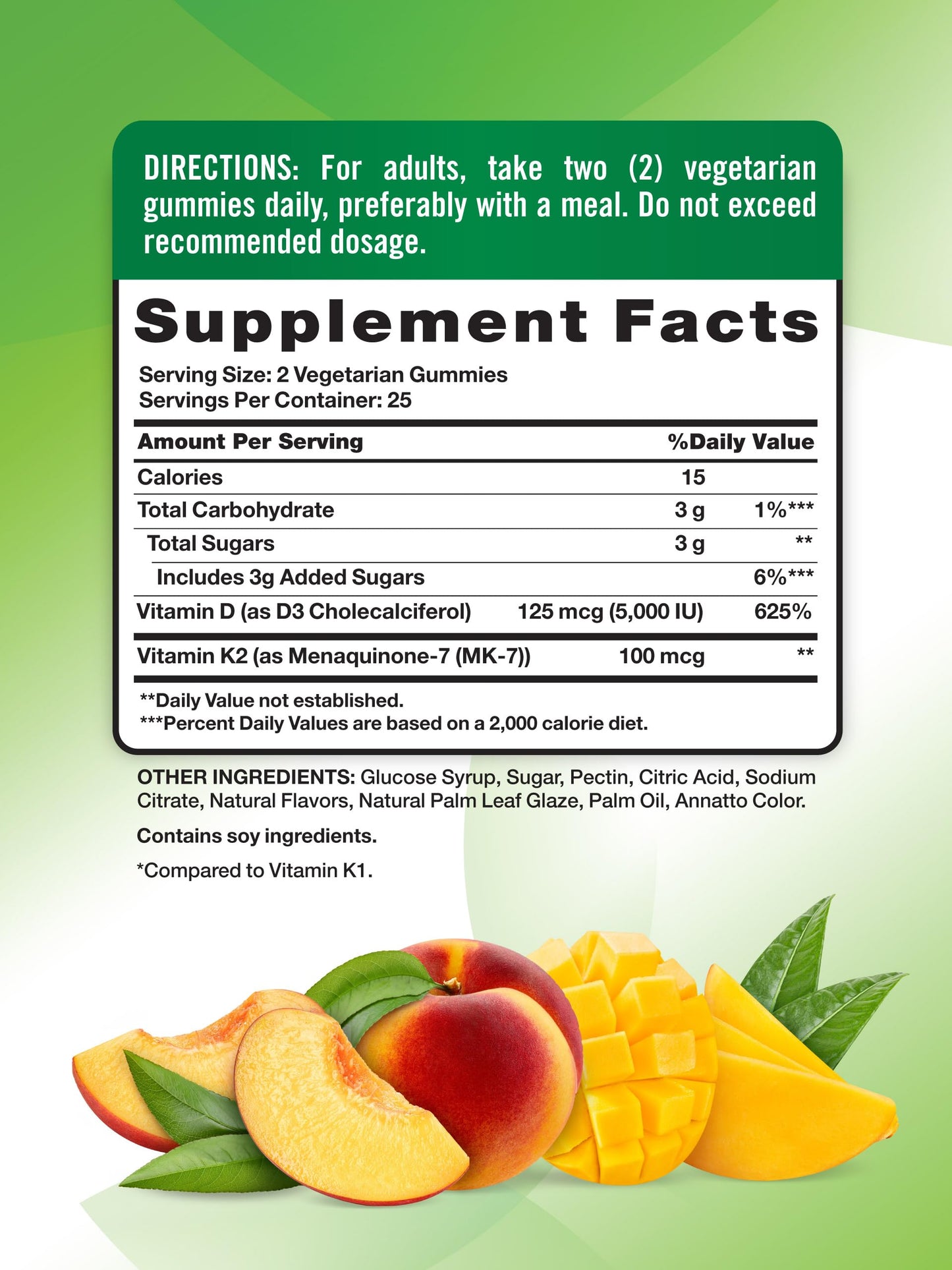 Nature's Truth Vitamin D3 + K2 Gummies | 50 Count | Peach Mango Flavor | Vegetarian, Non-GMO & Gluten Free Supplement