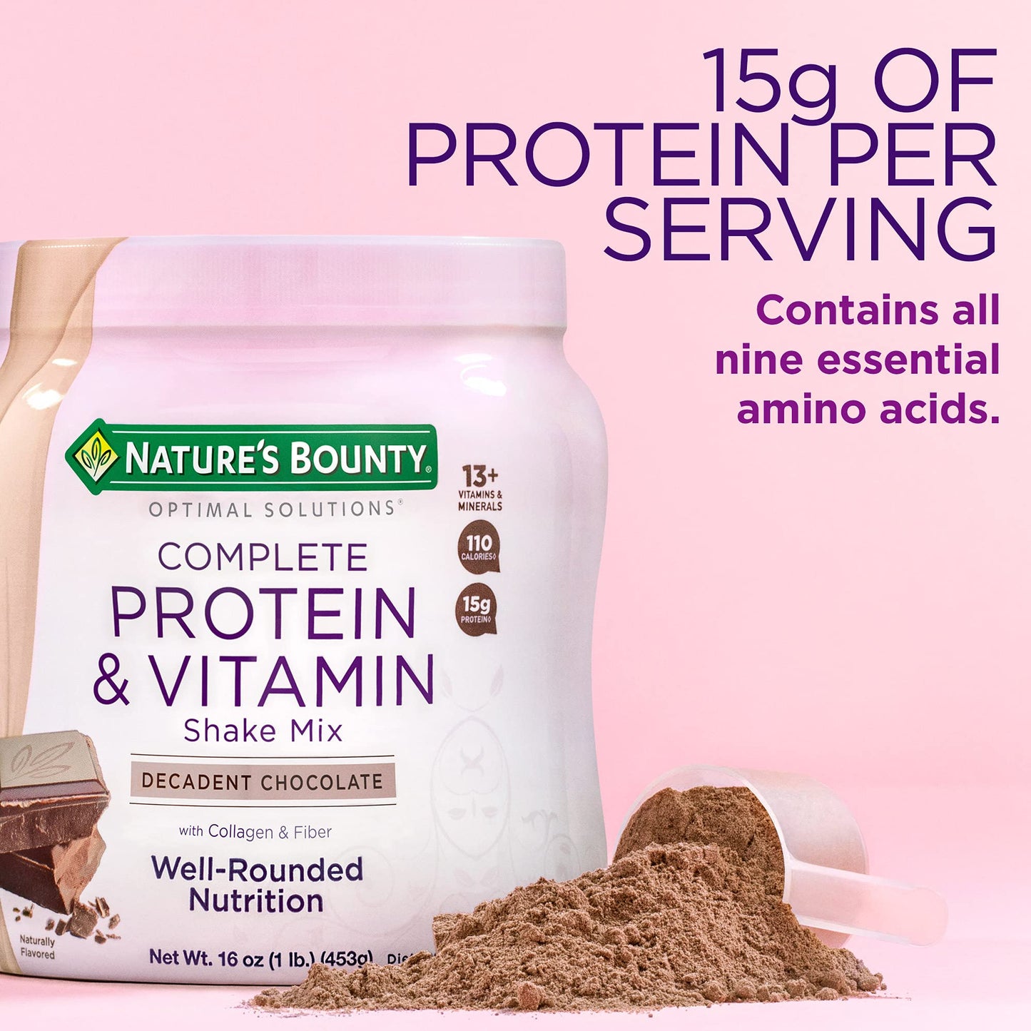 Nature's Bounty Complete Protein & Vitamin Shake Mix with Collagen & Fiber | Contains Vitamin C for Immune Health | Decadent Chocolate Flavored | 1 lb