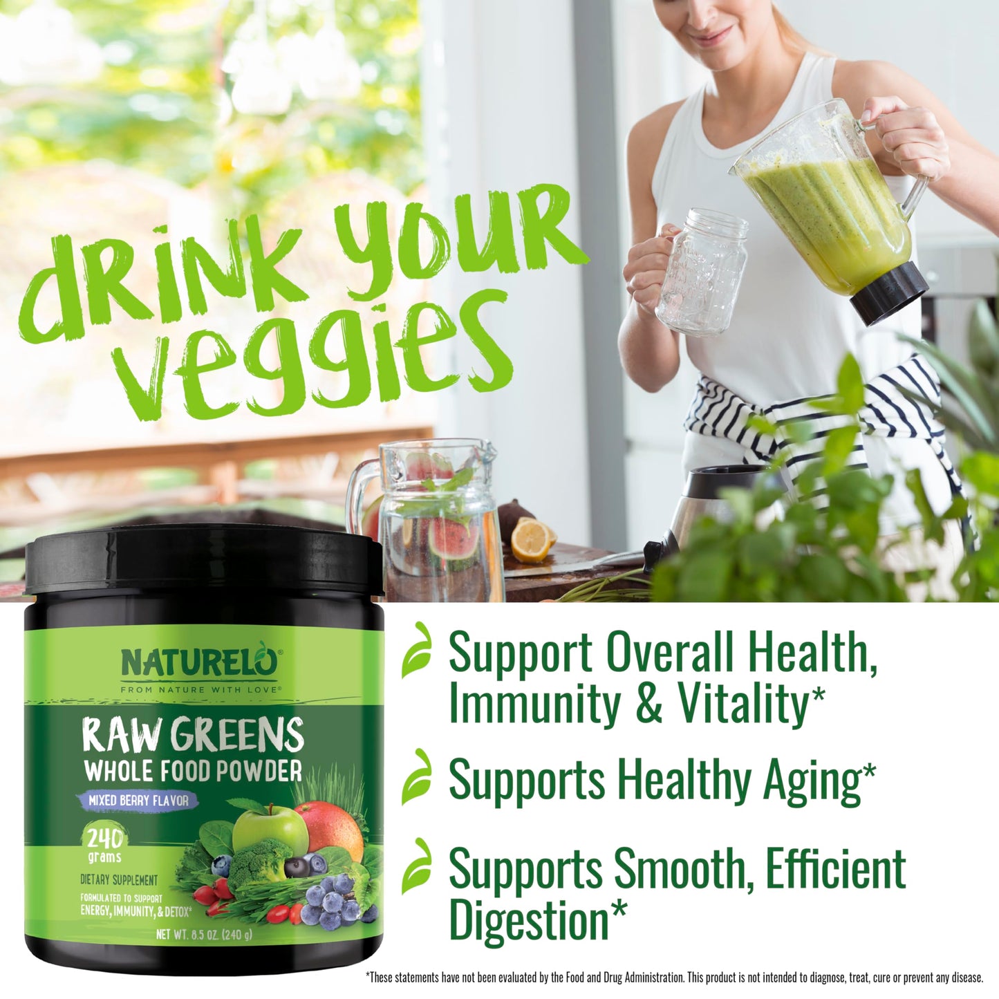 NATURELO Raw Greens Superfood Powder - Mixed Berry - Boost Energy, Detox, Enhance Health - Organic Spirulina - Wheat Grass - Whole Food Nutrition from Fruits & Vegetables - 240 Grams