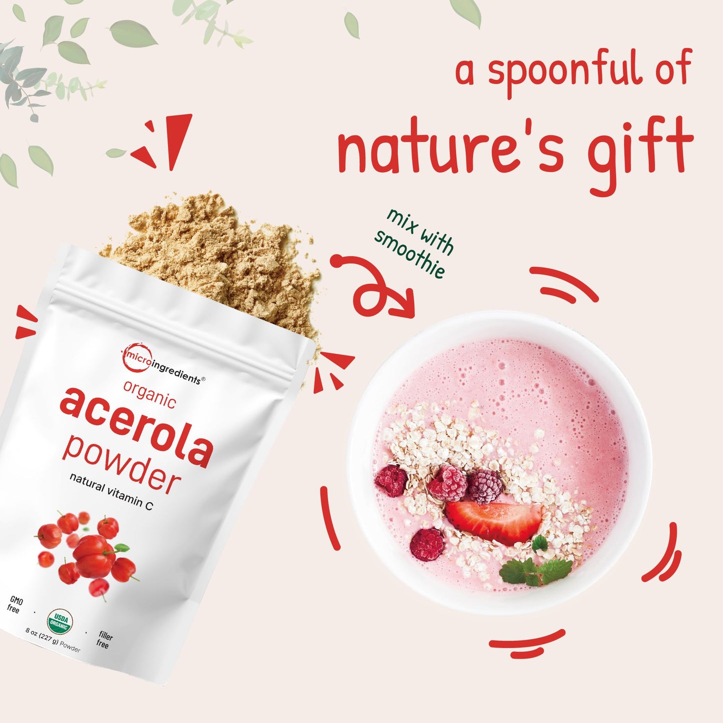 Pre-Order | Arrives in 5–10 Days – Organic Acerola Powder, 8oz | Natural Organic Vitamin C Superfood | No Sugar & Additives | Great Flavor for Drinks, Smoothie, & Beverages | Non-GMO & Vegan Friendly, Brazil Origin