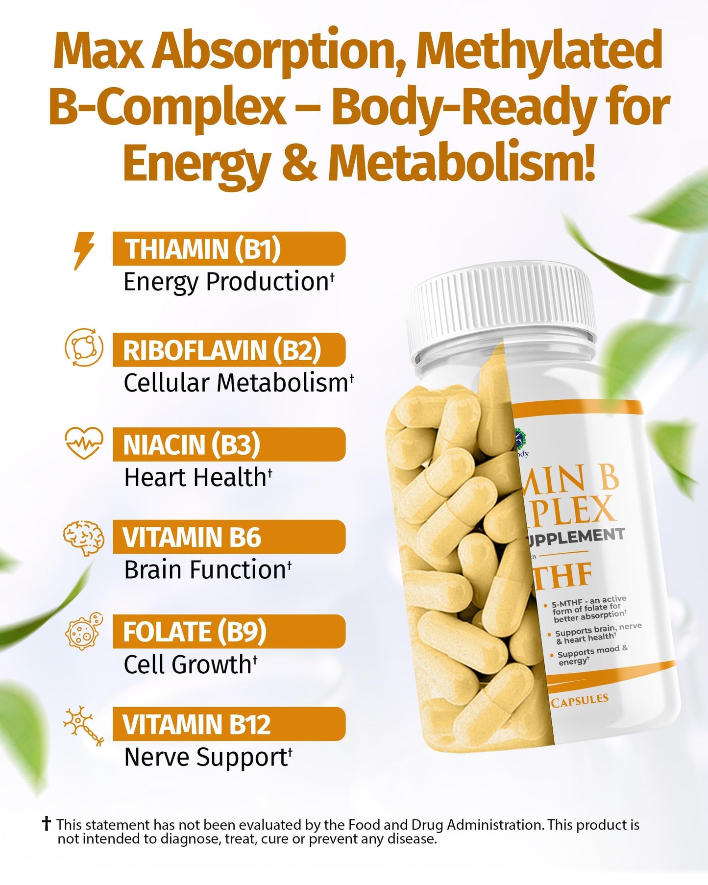 1 Body Vitamin B Complex – Methylated B12, 5-MTHF Folate, High Potency B Vitamins for Energy, Stress, Brain & Heart Support, Vegan, 60 Capsules