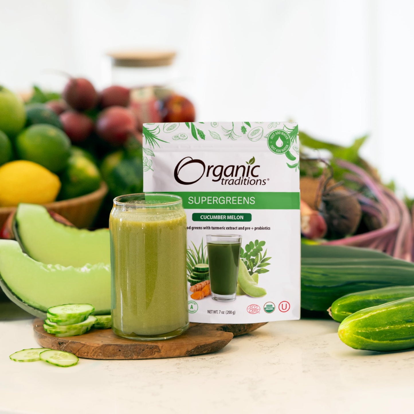 Organic Traditions Super Greens Powder Superfood with Turmeric, Cucumber Melon Flavored Organic Greens Superfood Powder, 200g / 7oz Bag