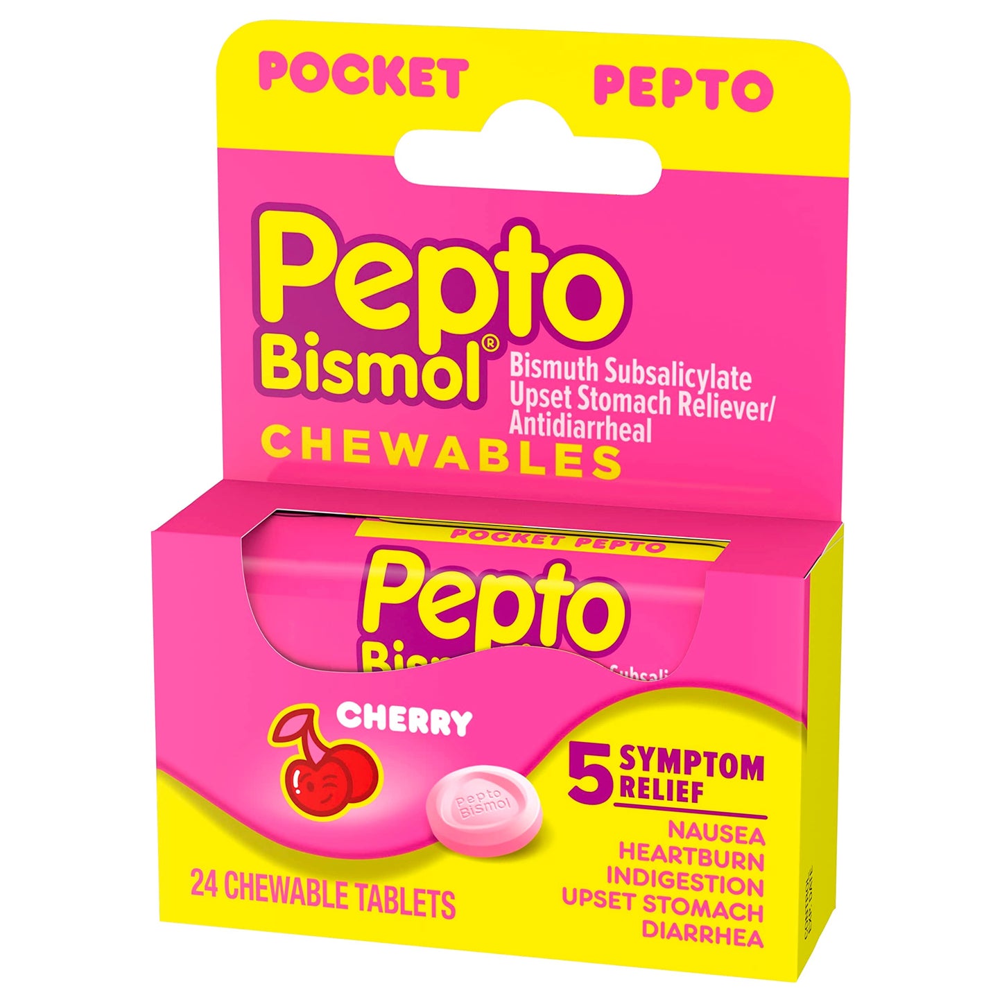 Pepto Bismol Pocket Chewable Tablets for Nausea, Heartburn, Indigestion, Upset Stomach, and Diarrhea - 5 Symptom Fast Relief, Cherry Flavor 24 ct
