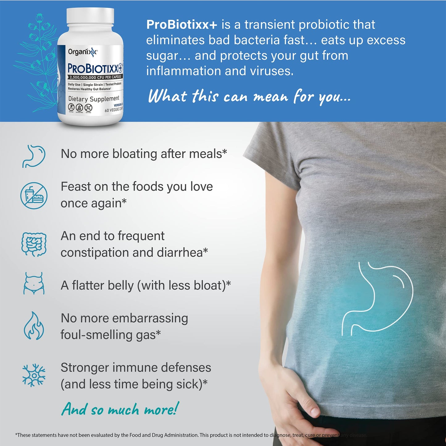 Organixx ProBiotixx+ Probiotic Supplement, Daily Probiotics for Women & Men For Digestive Health Gut Health, Immune Support, 2.5 Billion CFU, Gluten Free, Non GMO, Shelf Stable, 60 Vegetarian Capsules