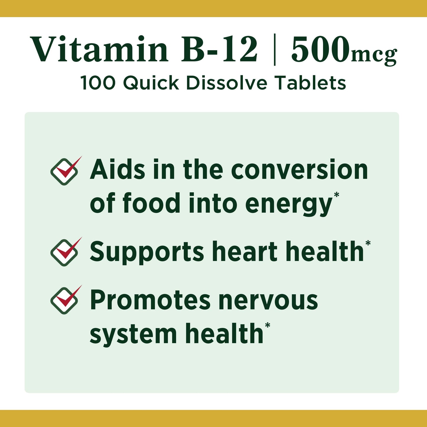 Nature's Bounty Vitamin B12, Supports Energy Metabolism and Nervous System Health, 500mcg, 100 Quick Dissolve Tablets (Pack of 2)