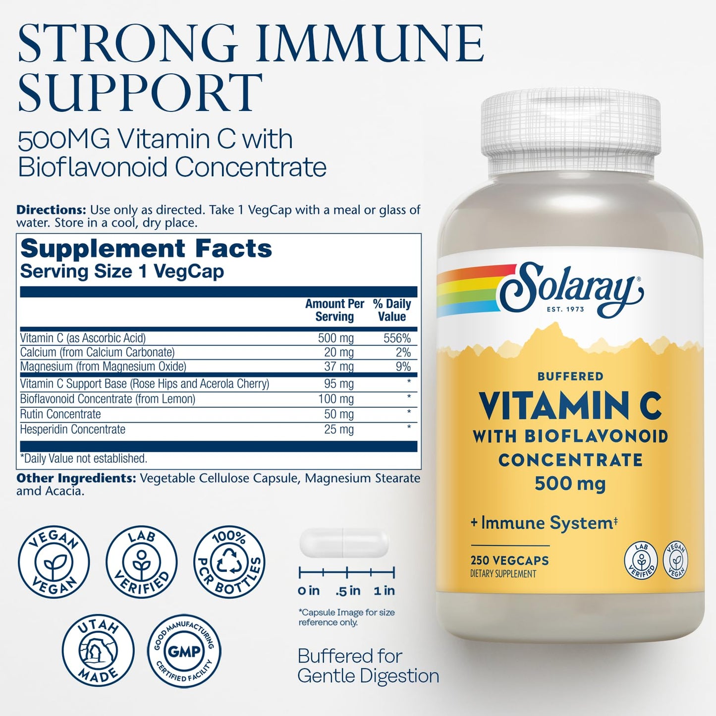 Pre-Order | Arrives in 5–10 Days – SOLARAY Buffered Vitamin C 500mg - with Bioflavonoids, Rose HIPS and Acerola Cherry - Immune Support Supplement - Easy to Digest, Vegan, Lab Verified, 60-Day Guarantee - 250 Servings, 250 VegCaps