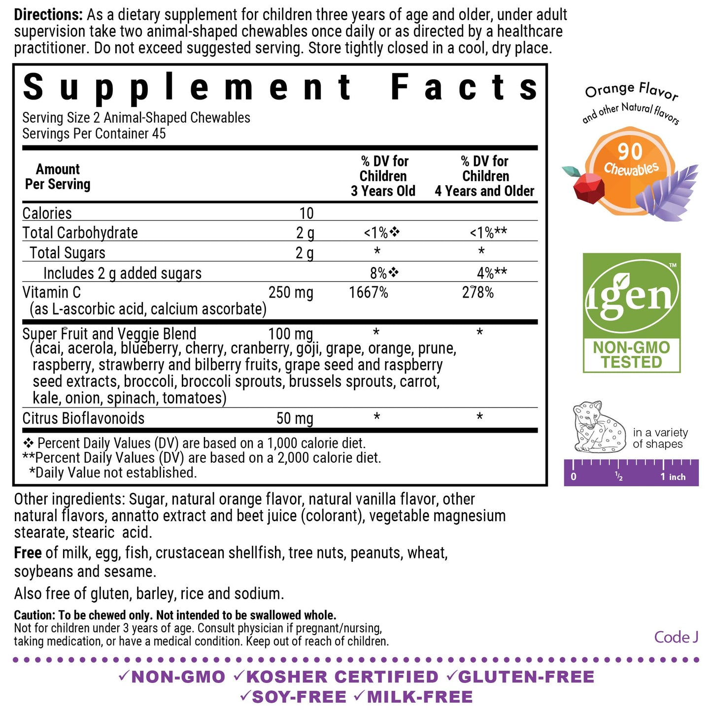 Bluebonnet Nutrition Rainforest Animalz Vitamin C Animal Shape Chewable Tablets, 250mg of Vitamin C, Soy-Free, Gluten-Free, Kosher Certified, Dairy-Free, Vegan, 90 Tablets, 45 Servings, Orange Flavor