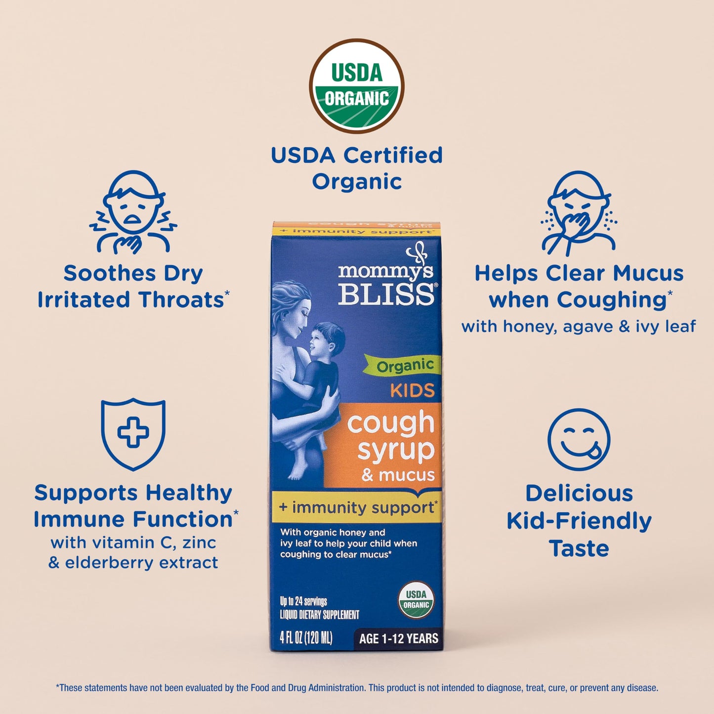 Mommy's Bliss Organic Kids Cough Syrup and Mucus Relief + Immunity Support, Agave & Honey, Ivy Leaf, Elderberry, Zinc, Vitamin C, 4 Fl Oz