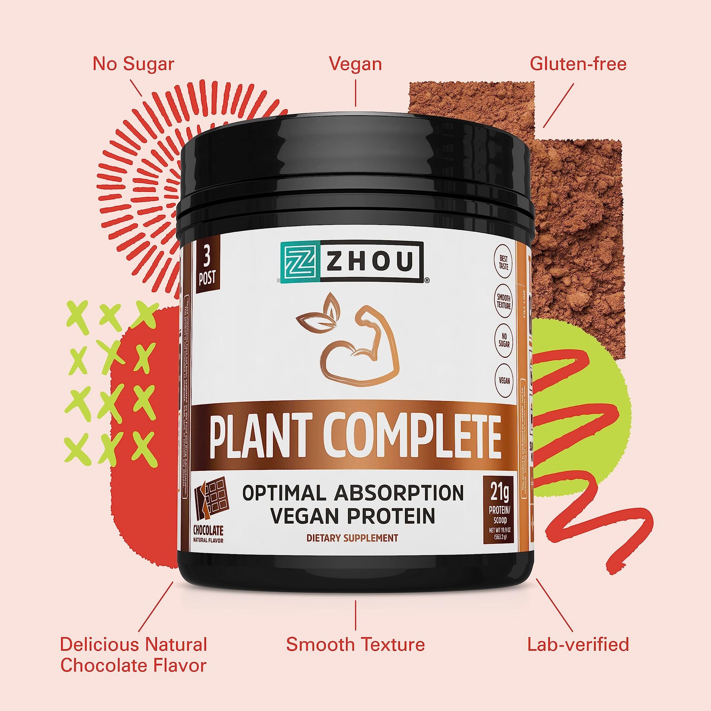 Zhou Plant Complete Vegan Protein Powder - Plant Based Protein Powder for Women & Men, Non Dairy Rice & Pea Blend for Smoothies & Shakes, 21g Protein Per Serving - Chocolate, 17.7oz (16 Servings)