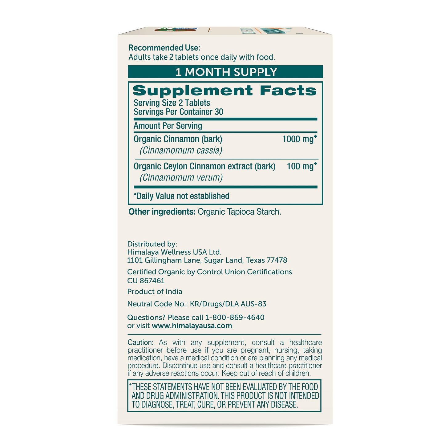 Himalaya Organic Cinnamon, for Glycemic Support, 1100 mg Daily, 60 Tablets, from Cassia Cinnamon Bark and Ceylon Cinnamon Extract, Non-GMO Project Verified, Vegan, Gluten Free Herbal Supplement