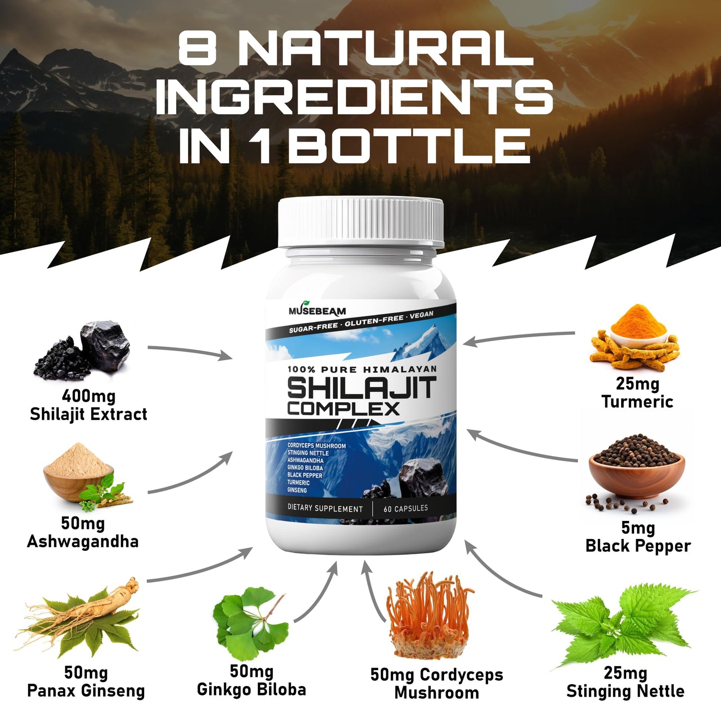 musebeam Himalayan Shilajit Capsules Men Women - Pure Himalayan Fulvic Acid Supplement Pills - Ashwagandha Turmeric Ginkgo Biloba Ginseng Cordyceps Mushroom Stinging Nettle Black Pepper