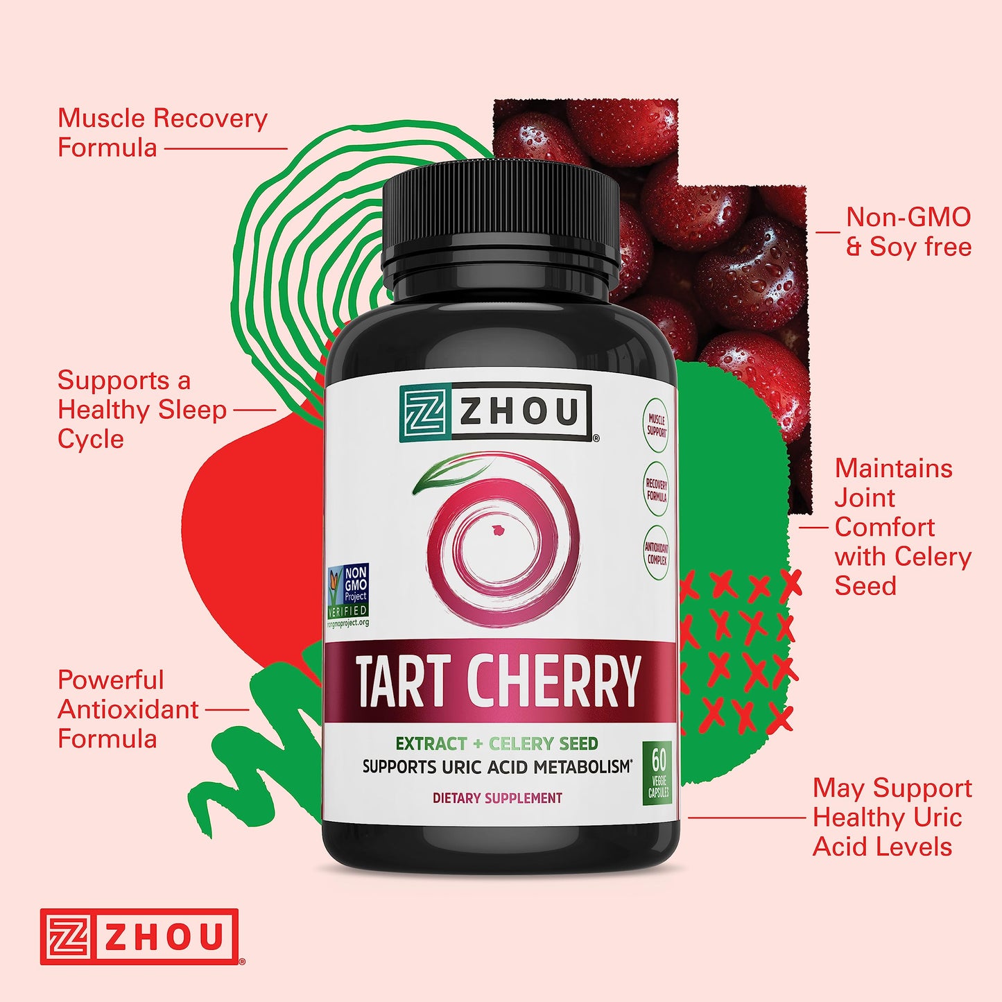Zhou Tart Cherry Extract + Celery Seed - Tart Cherry Capsules for Men & Women, Tart Cherry Concentrate Pills for Sleep & Uric Acid Cleanse, 1000mg Per Pill - 60 Veggie Capsules (Pack of 1)