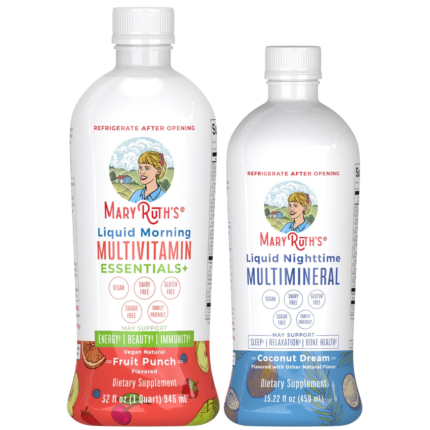 MaryRuth's Liquid Morning Multivitamin (Fruit Punch) & Liquid Nighttime Multimineral (Coconut, 15oz) | Clean Label Project Verified® | Vegan Vitamins for Energy, Bedtime Routine & Overall Health
