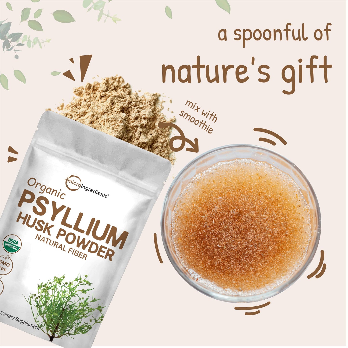 Pre-Order | Arrives in 5–10 Days – Organic Psyllium Husk Powder, 2 Pounds (32Oz) - Unflavored - Soluble Fiber Supplement for Baking, Smoothie and Beverage, India Origin, Keto Diet, Gluten Free, No GMOs, and Vegan Friendly