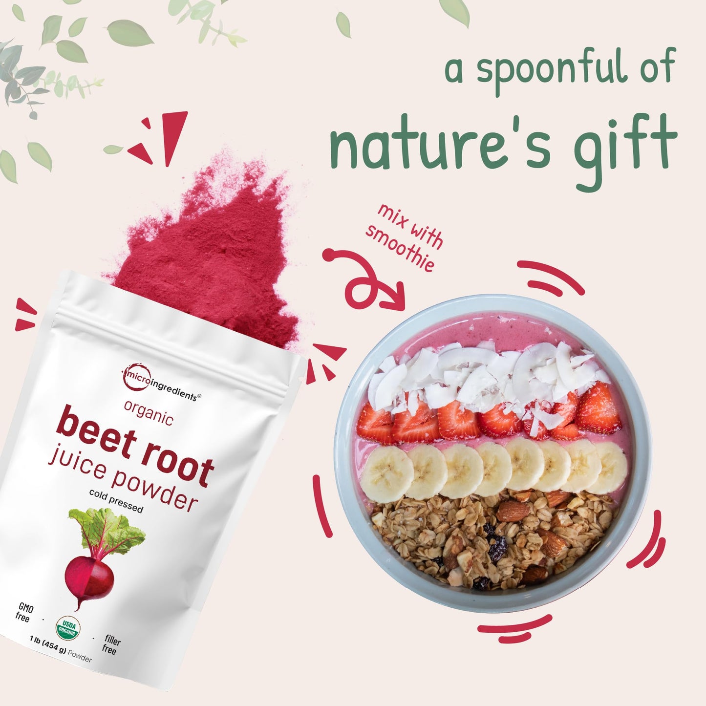 Micro Ingredients Organic Beet Root Powder, 1 Pound, Cold Pressed and Water Soluble, Beet Juice Pre-Workout Concentrated Powder, Energy & Immune System Support, Non-GMO