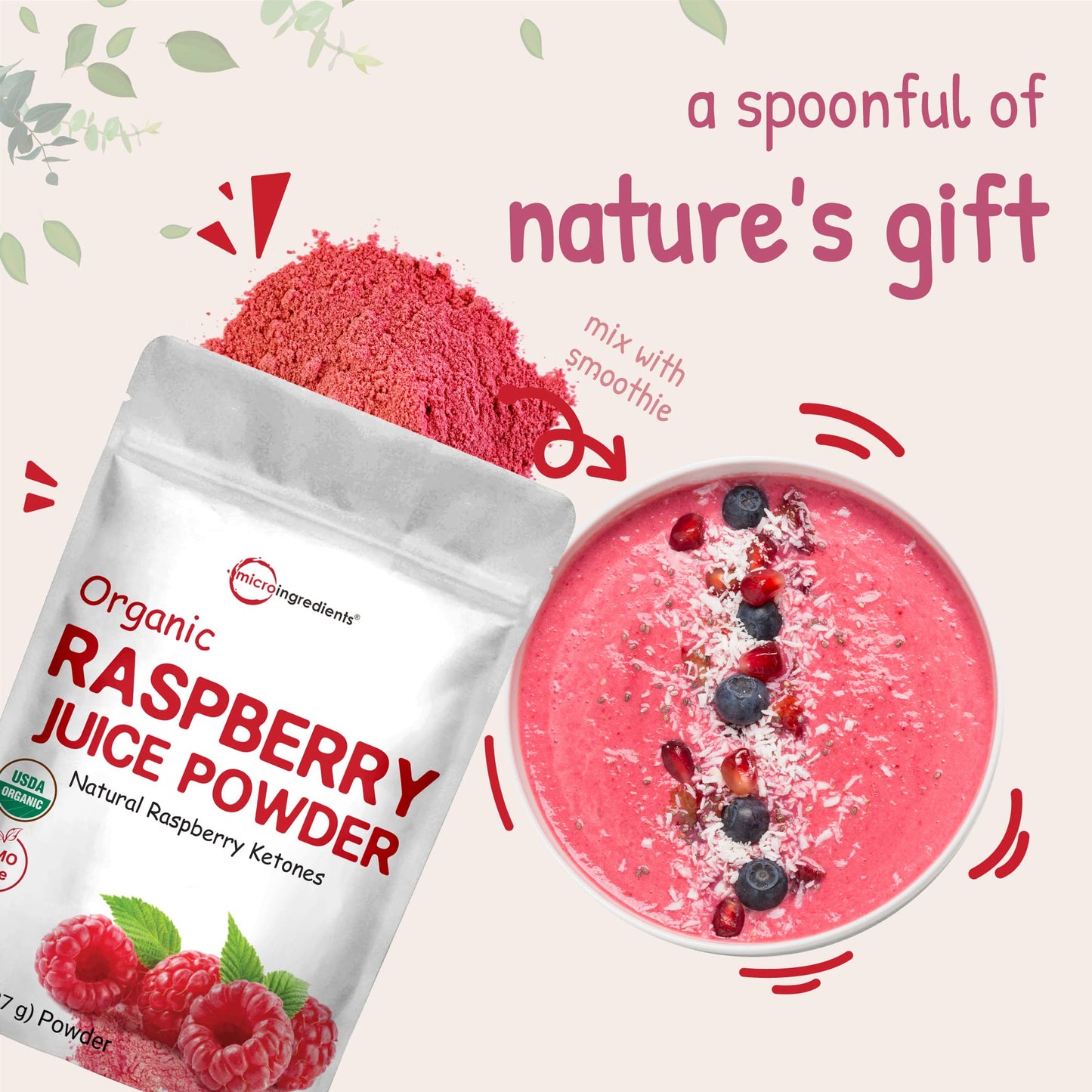 Pre-Order | Arrives in 5–10 Days – Organic Raspberry Juice powder, 8oz | 100% Natural Fruit Powder | Freeze-Dried Raspberries Source | No Sugar & Additives | Great Flavor for Drinks, Smoothie, & Beverages | Non-GMO & Vegan Friendly