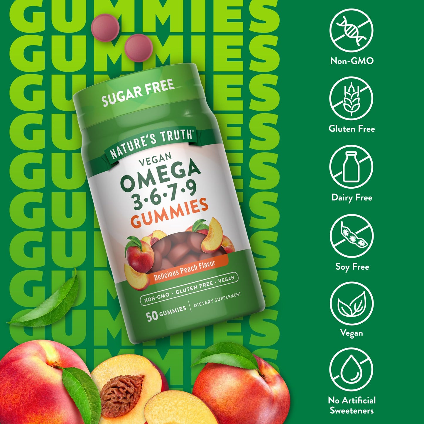 Nature's Truth Vegan Omega 3679 Gummies | 50 Count | Peach Flavor | Non-GMO & Gluten Free Supplement