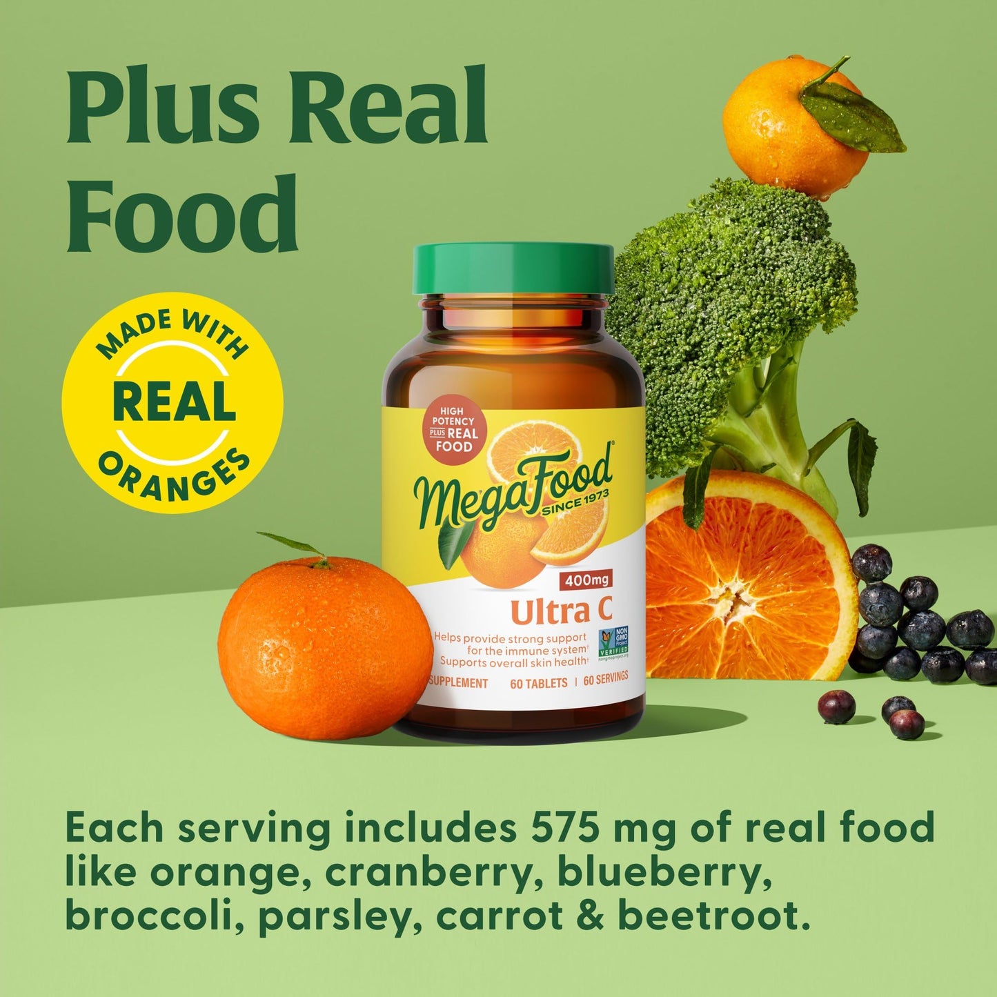 Pre-Order | Arrives in 5–10 Days – MegaFood Ultra C 400 mg - Vegan Immune Support Supplement with Vitamin C, Made with Real Food Including Broccoli, Carrot, Cranberry & Brown Rice, Gluten-Free, Kosher - 60 Tablets, 60 Servings