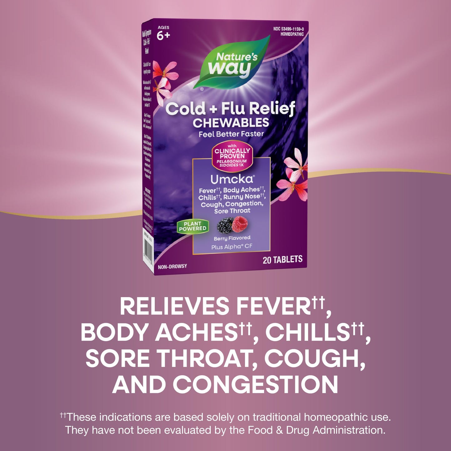 Nature's Way Cold+Flu Relief, Umcka, Shortens Duration and Reduces Severity, Multi-Symptom Relief, Homeopathic, Phenylephrine Free, Non-Drowsy, Berry Flavored, 20 Chewable Tablets (Packaging May Vary)