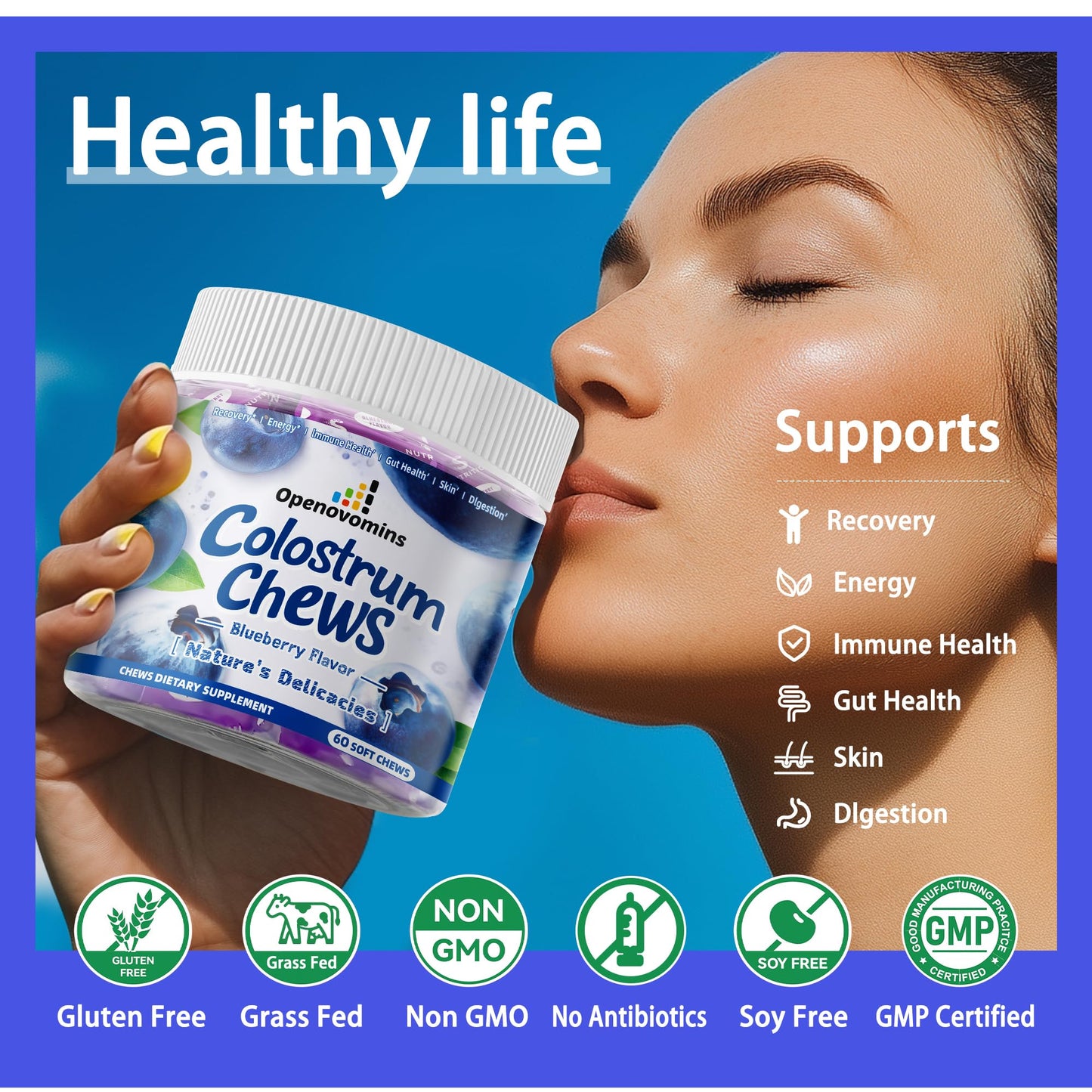 Bovine Colostrum Soft Chews Supplement with probiotics for Gut Health, Bloating, Immune Support, Skin, Hair Growth and Beauty - Blueberry Flavor (60 Servings)