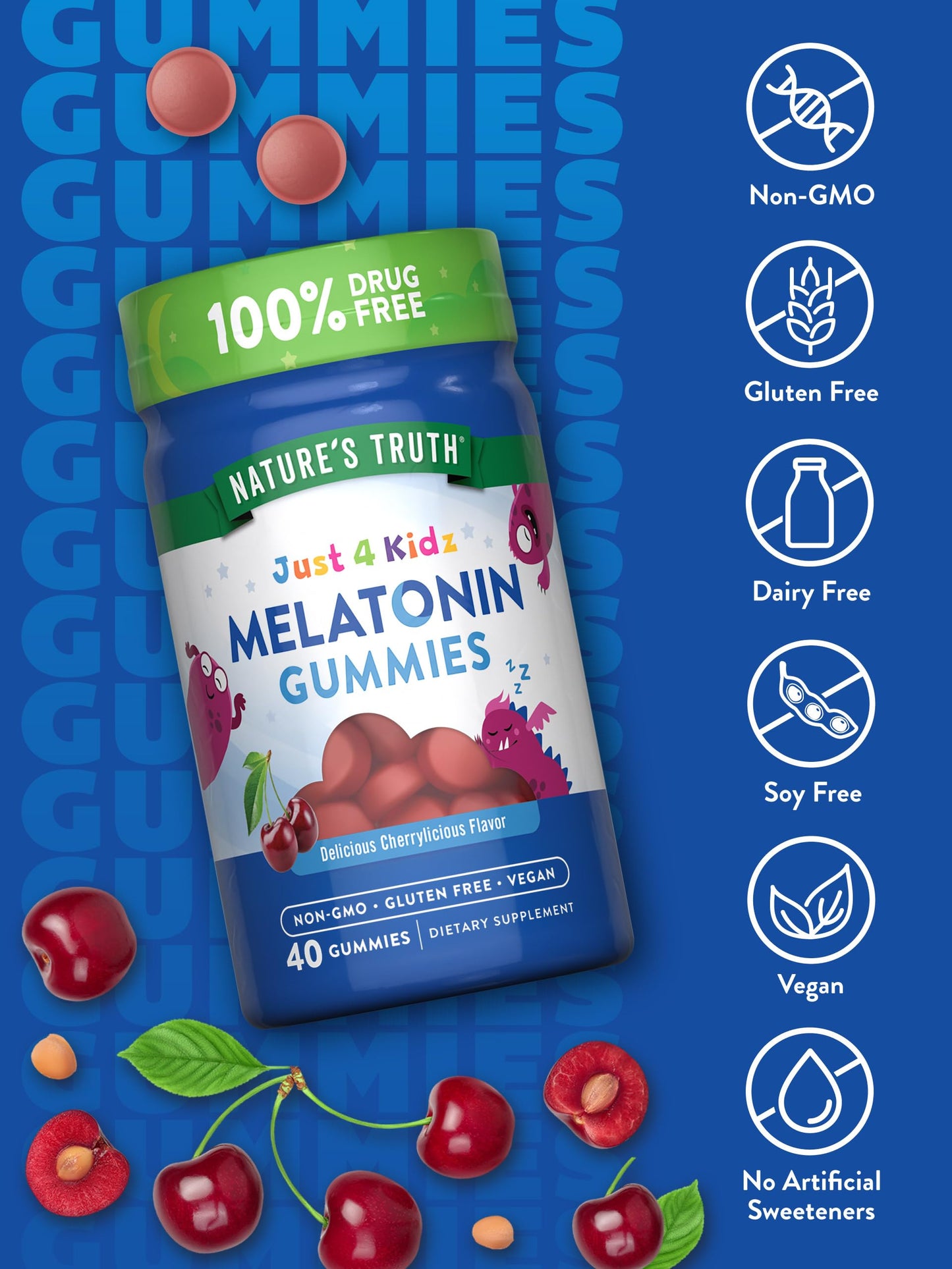 Nature's Truth Kids Melatonin Gummy | 1mg | 40 Count | Vegan, Non-GMO & Gluten Free Gummies | Cherrylicious Flavor