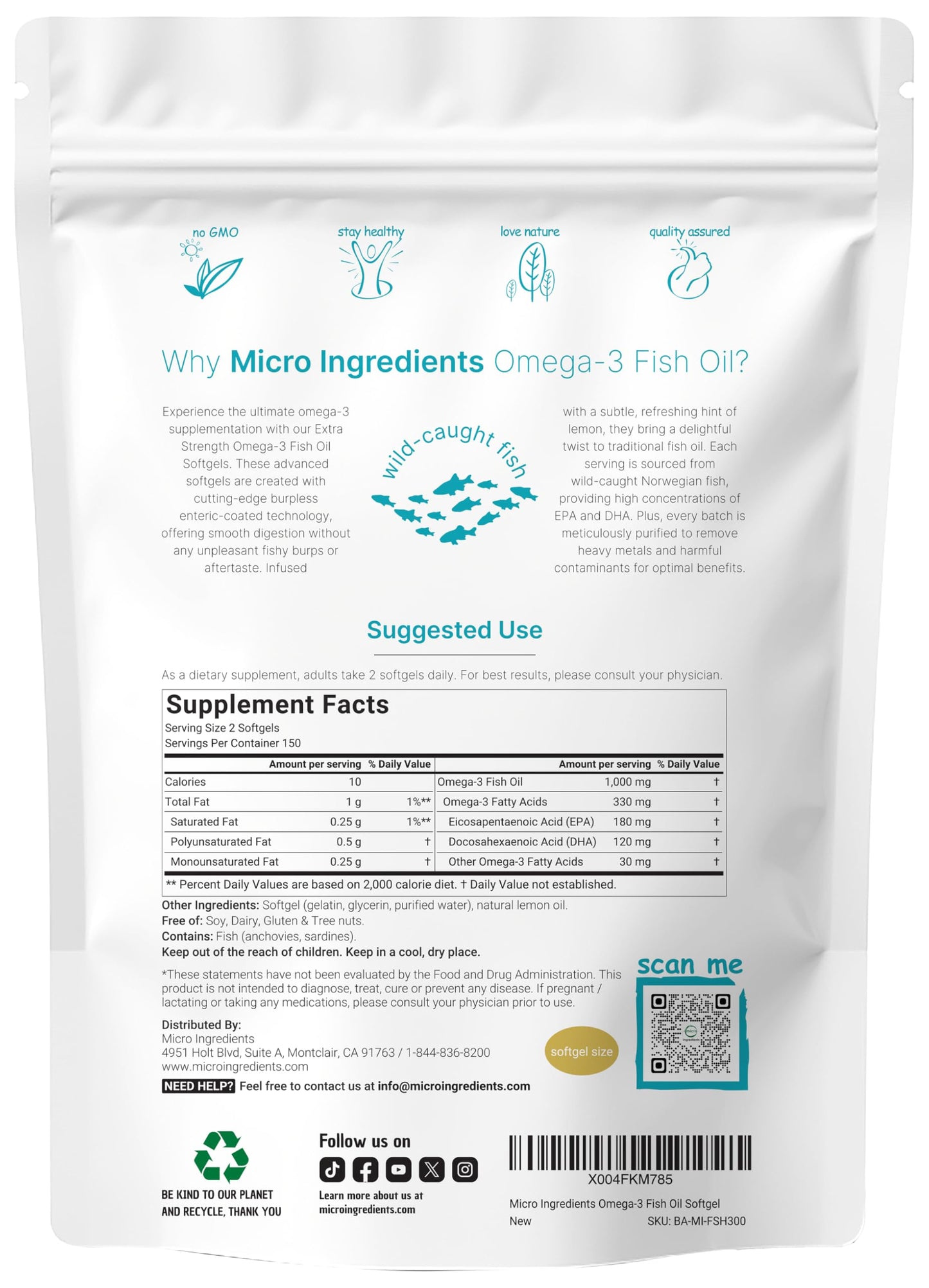 Micro Ingredients Extra Strength Omega 3 Fish Oil Supplements 1,000mg Per Serving, 300 Softgels | Lemon Flavored | Burpless | EPA 180mg + DHA 120mg | Deep Sea Fish