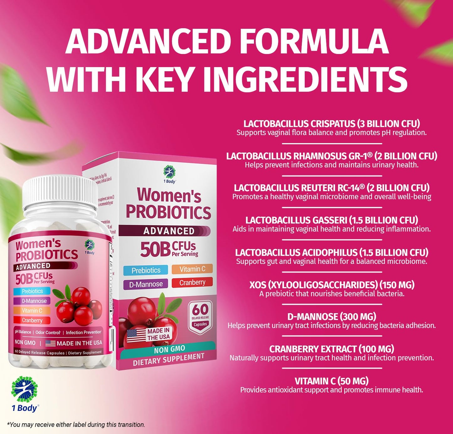 1 Body Women's Probiotic Supplement, 50 Billion CFU, Vaginal and Digestive Health Support, 60 Vegan Capsules