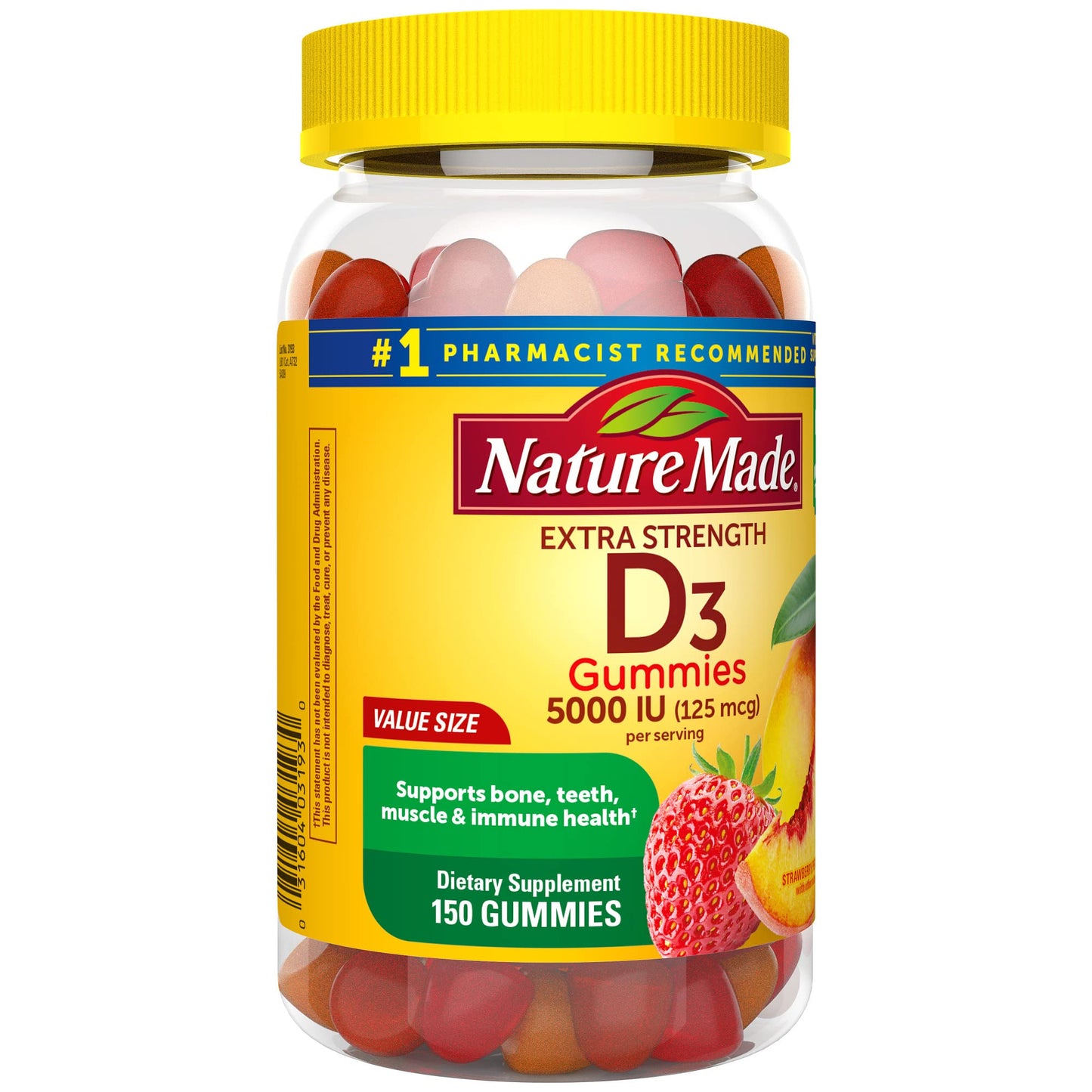 Nature Made Extra Strength Vitamin D3 5000 IU (125 mcg) per Serving, Dietary Supplement for Bone, Teeth, Muscle and Immune Health Support, 150 Gummies, 75 Day Supply (Pack of 2)
