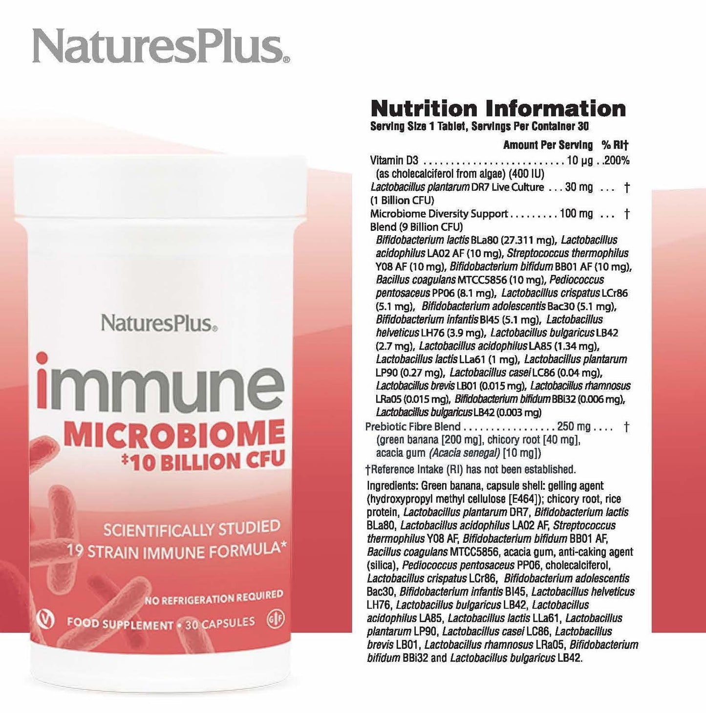 Natures Plus Immune Probiotic - 30 Capsules - 10 Billion CFU - Respiratory & Gut Health, Immune Support - with Prebiotic Fiber - Non-GMO, Vegan, Gluten Free - 30 Servings