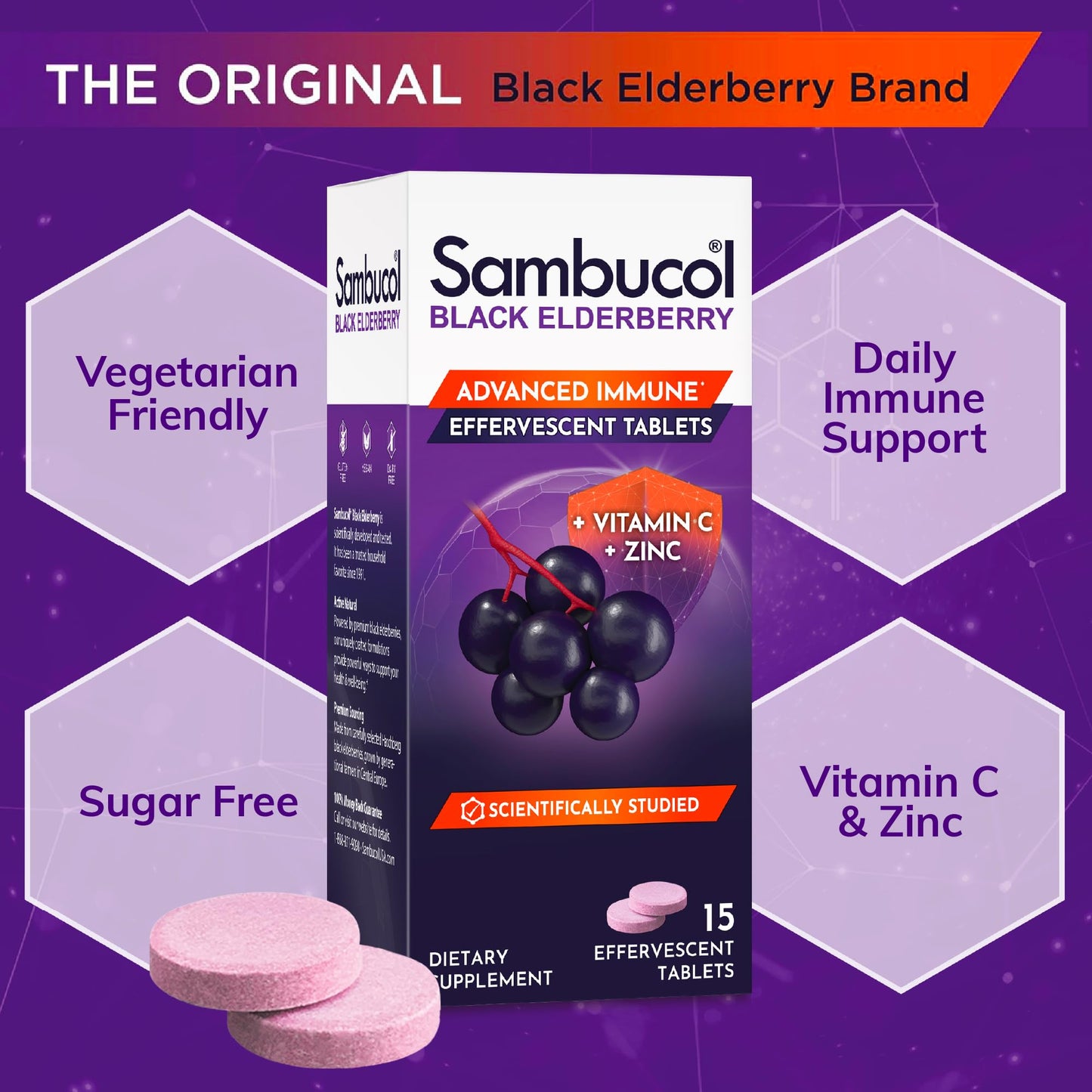 Sambucol Black Elderberry Effervescent Tablets - Elderberry with Zinc and Vitamin C for Adults, Elderberry Dissolving Tablets, Berries - 15 Count