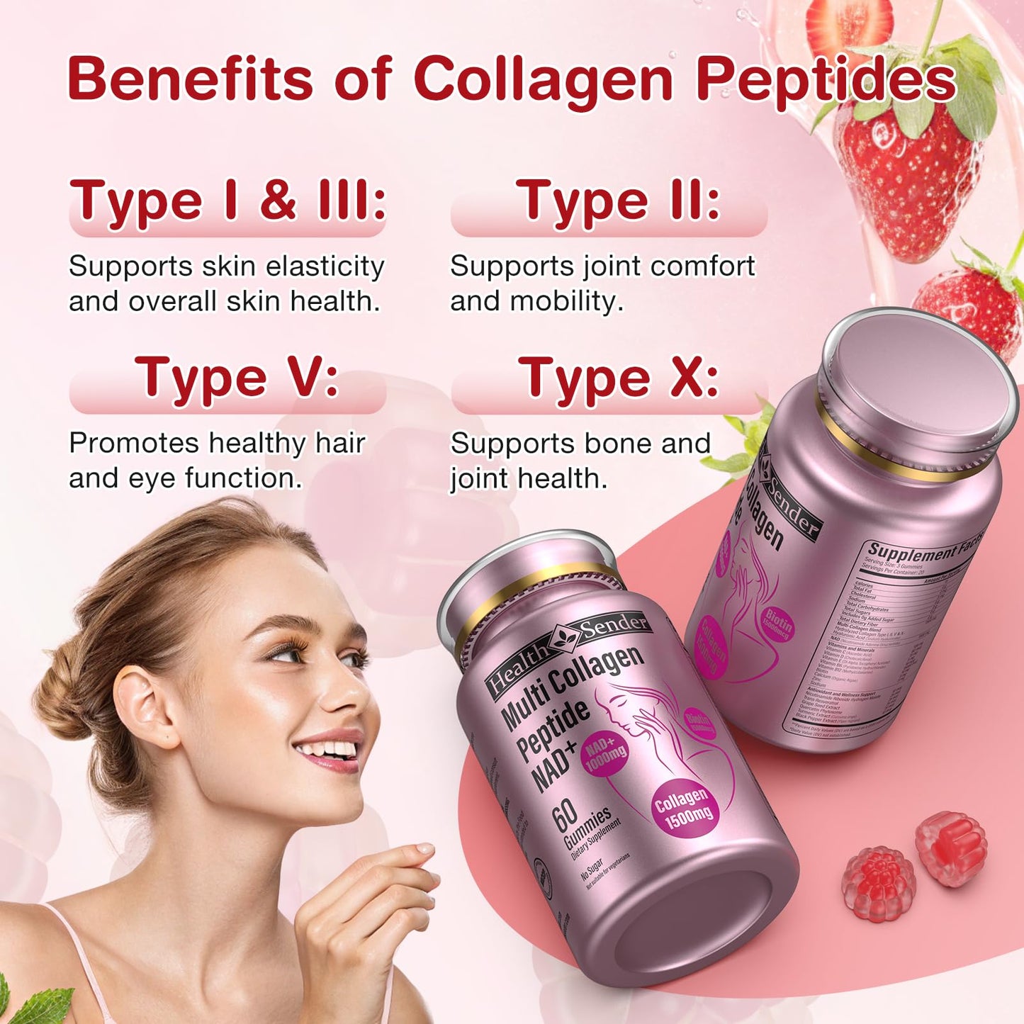 HealthSender Hydrolyzed Collagen Peptide Filled Gummies, 1500mg Protein Type I,II,III,V,X,1000mg NAD 15000mcg Biotin Supplement for Sugar-Free Man&Woman,AI-Fomular HCL for Skin,Hair,Nails